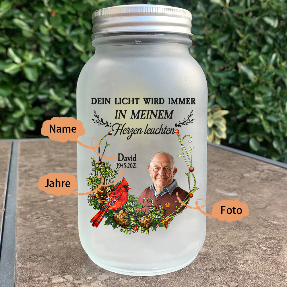 Personalisierte 1 Name & Foto& Datum Licht-Dein Licht wird immer in meinem Herzen leuchten-Gedenken Glasflaschen Weihnachten Licht Familie