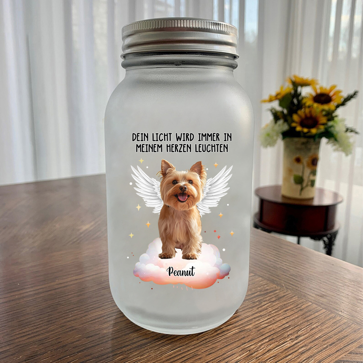 Personalisierter 1 Name& Foto Flügel Licht-Dein Licht wird immer in meinem Herzen leuchten-Gedenken Glasflaschen Weihnachten Licht Haustier