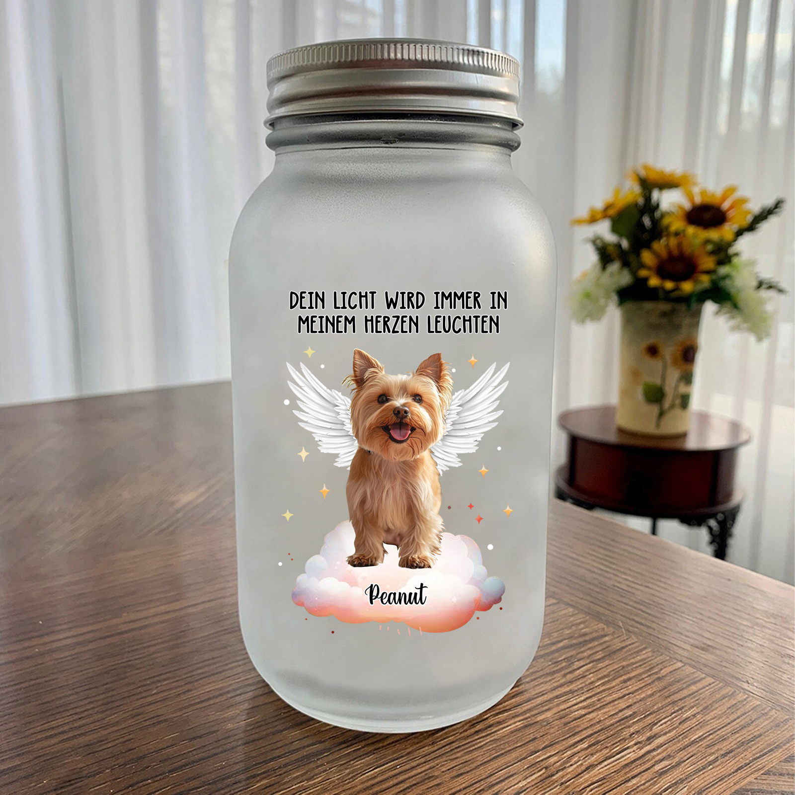 Personalisierter 1 Name& Foto Flügel Licht-Dein Licht wird immer in meinem Herzen leuchten-Gedenken Glasflaschen Weihnachten Licht Haustier