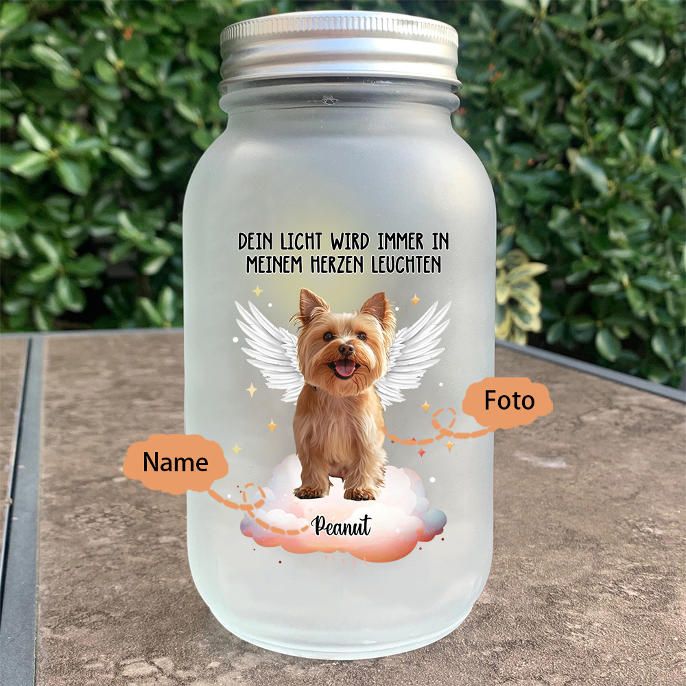 Personalisierter 1 Name& Foto Flügel Licht-Dein Licht wird immer in meinem Herzen leuchten-Gedenken Glasflaschen Weihnachten Licht Haustier