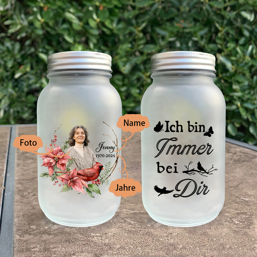 Personalisierter 1 Name & Foto& Datum Licht mit Vogel-Ich bin immer bei Dir-Gedenken Glasflaschen Weihnachten Licht Familie