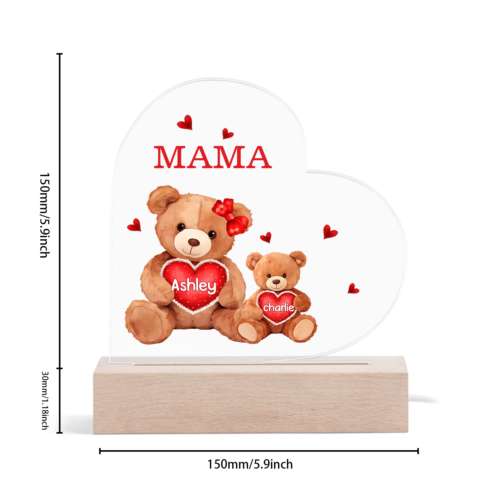 Personalisierte 2 Namen & Text Herz Bären-Familien Acryl Nachtlicht – Perfektes Geschenk für Mutter Familie