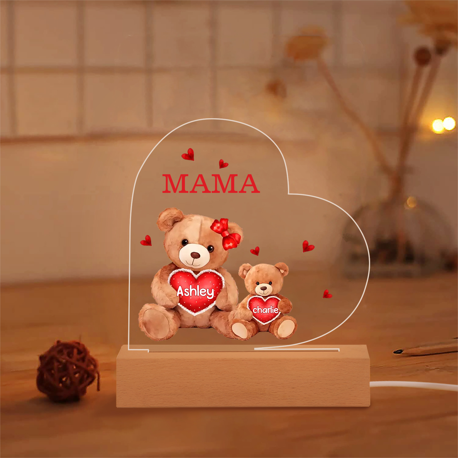 Personalisierte 2 Namen & Text Herz Bären-Familien Acryl Nachtlicht – Perfektes Geschenk für Mutter Familie