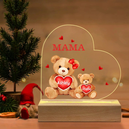 Personalisierte 2 Namen & Text Herz Bären-Familien Acryl Nachtlicht – Perfektes Geschenk für Mutter Familie