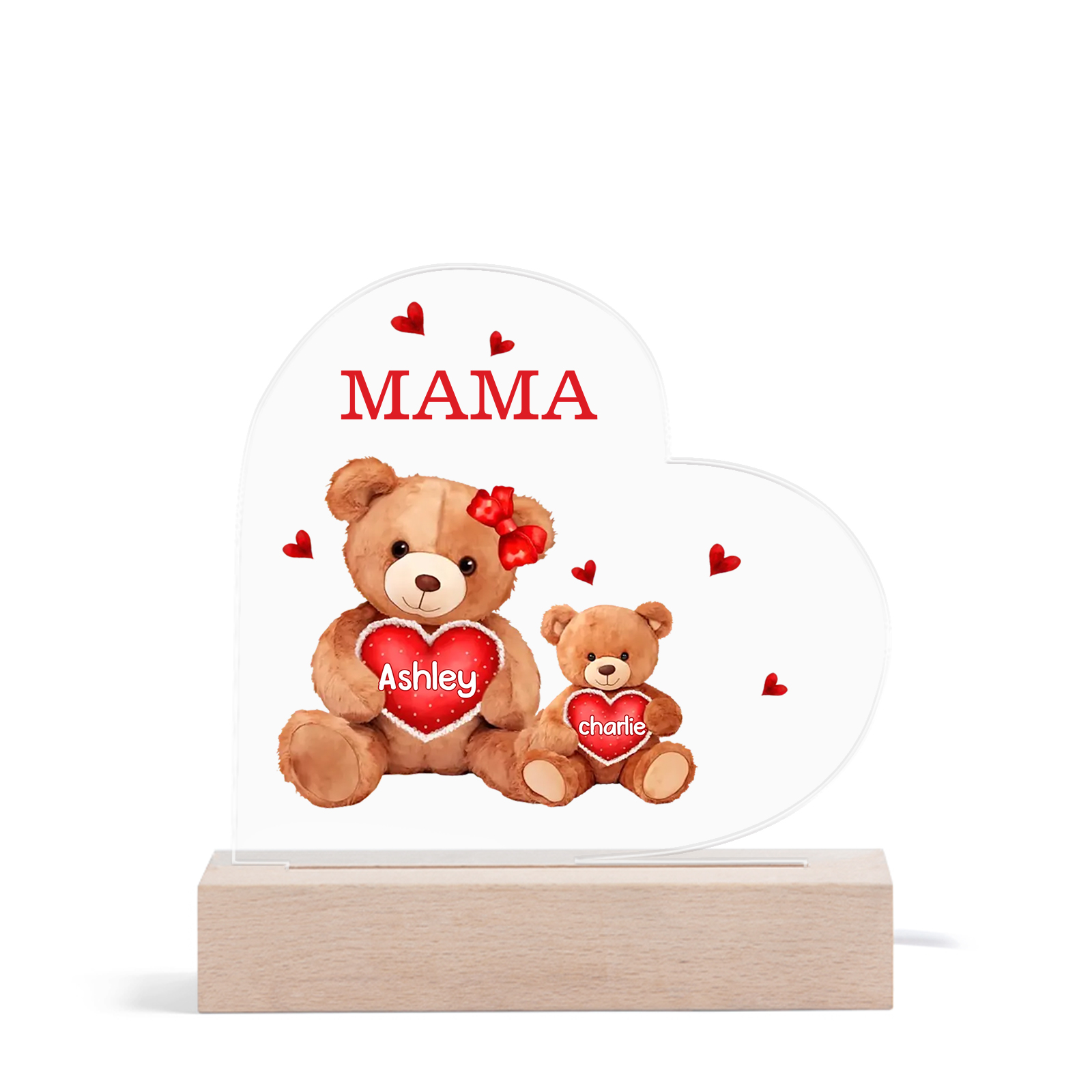 Personalisierte 2 Namen & Text Herz Bären-Familien Acryl Nachtlicht – Perfektes Geschenk für Mutter Familie
