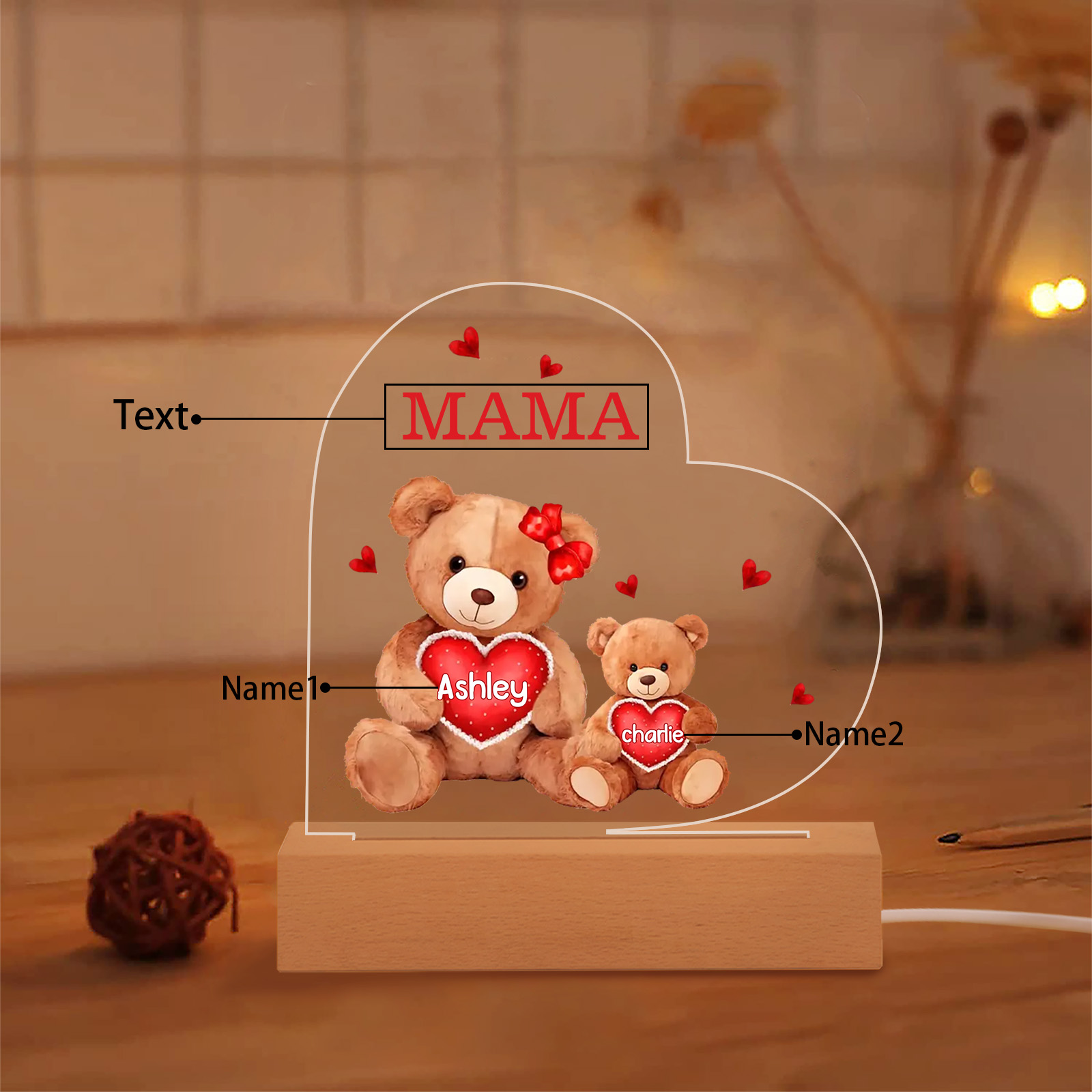 Personalisierte 2 Namen & Text Herz Bären-Familien Acryl Nachtlicht – Perfektes Geschenk für Mutter Familie