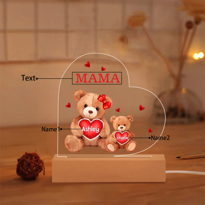 Personalisierte 2 Namen & Text Herz Bären-Familien Acryl Nachtlicht – Perfektes Geschenk für Mutter Familie