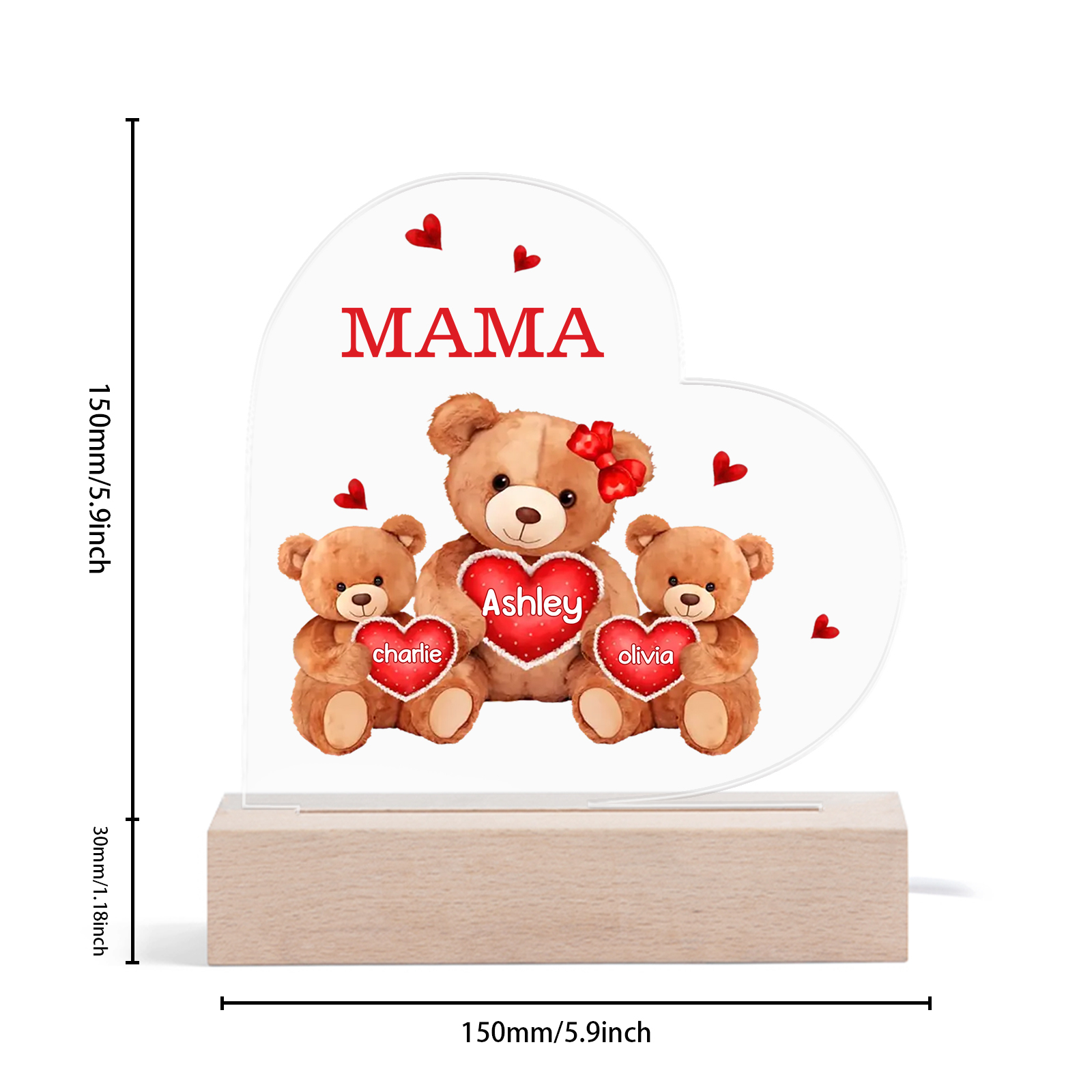 Personalisierte 3 Namen & Text Herz Bären-Familien Acryl Nachtlicht – Perfektes Geschenk für Mutter Familie