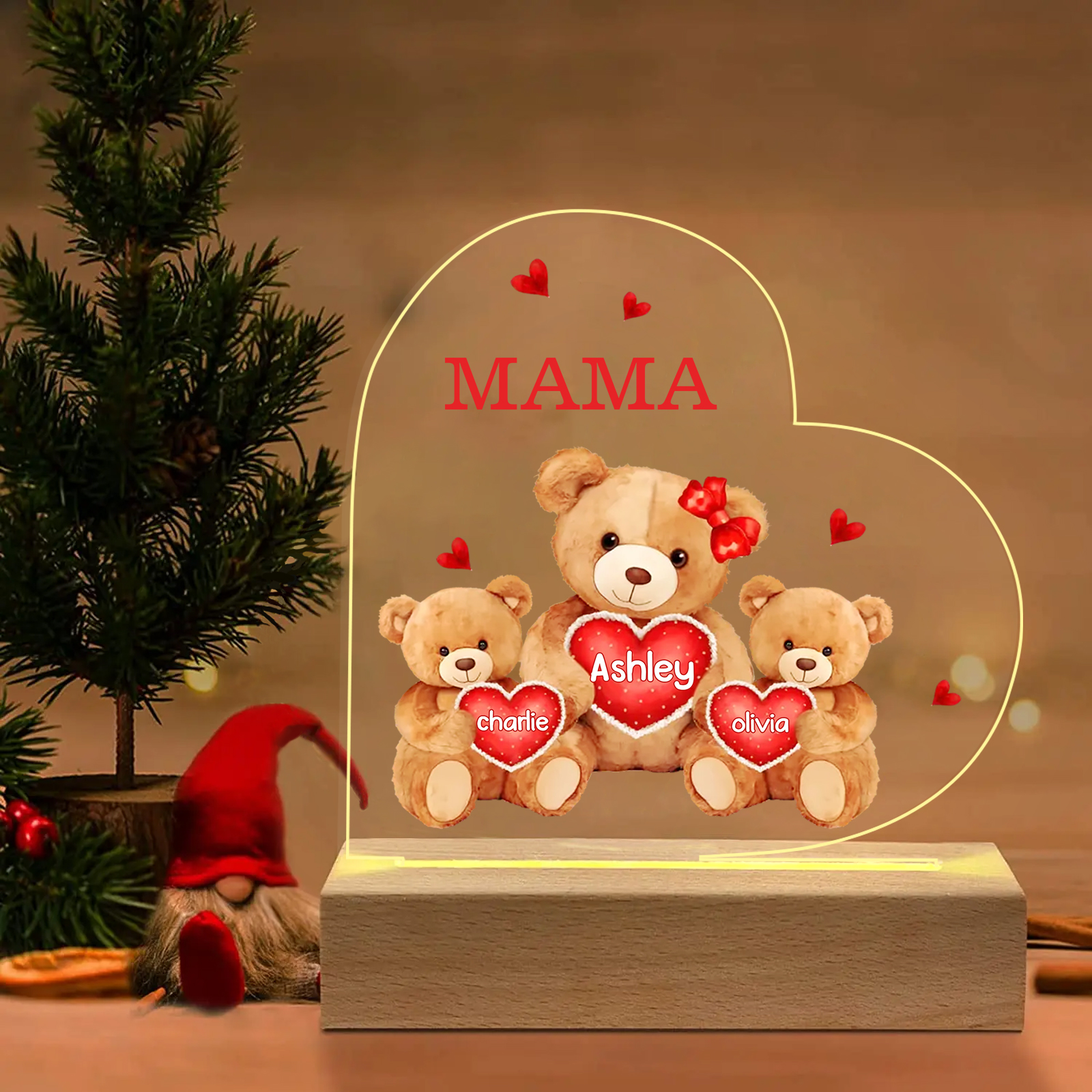 Personalisierte 3 Namen & Text Herz Bären-Familien Acryl Nachtlicht – Perfektes Geschenk für Mutter Familie