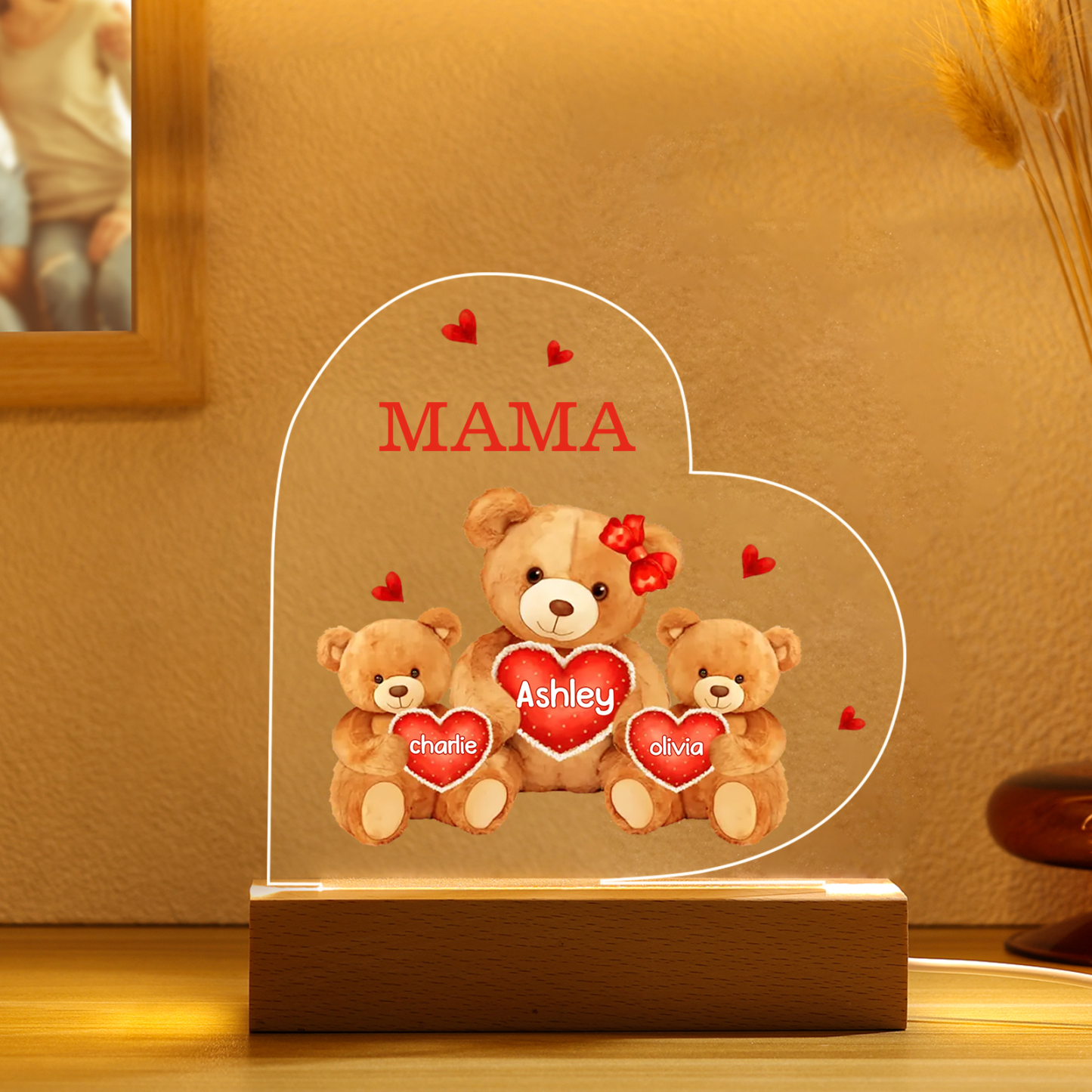 Personalisierte 3 Namen & Text Herz Bären-Familien Acryl Nachtlicht – Perfektes Geschenk für Mutter Familie