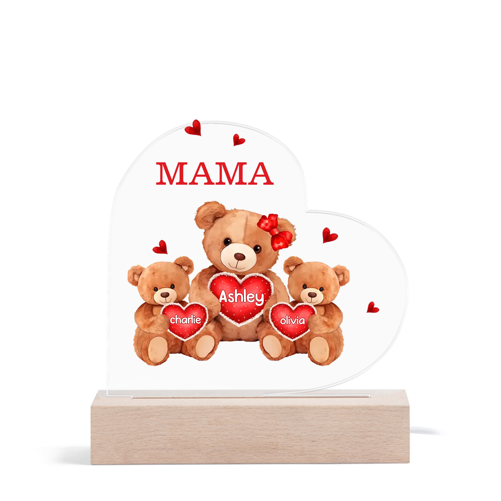 Personalisierte 3 Namen & Text Herz Bären-Familien Acryl Nachtlicht – Perfektes Geschenk für Mutter Familie