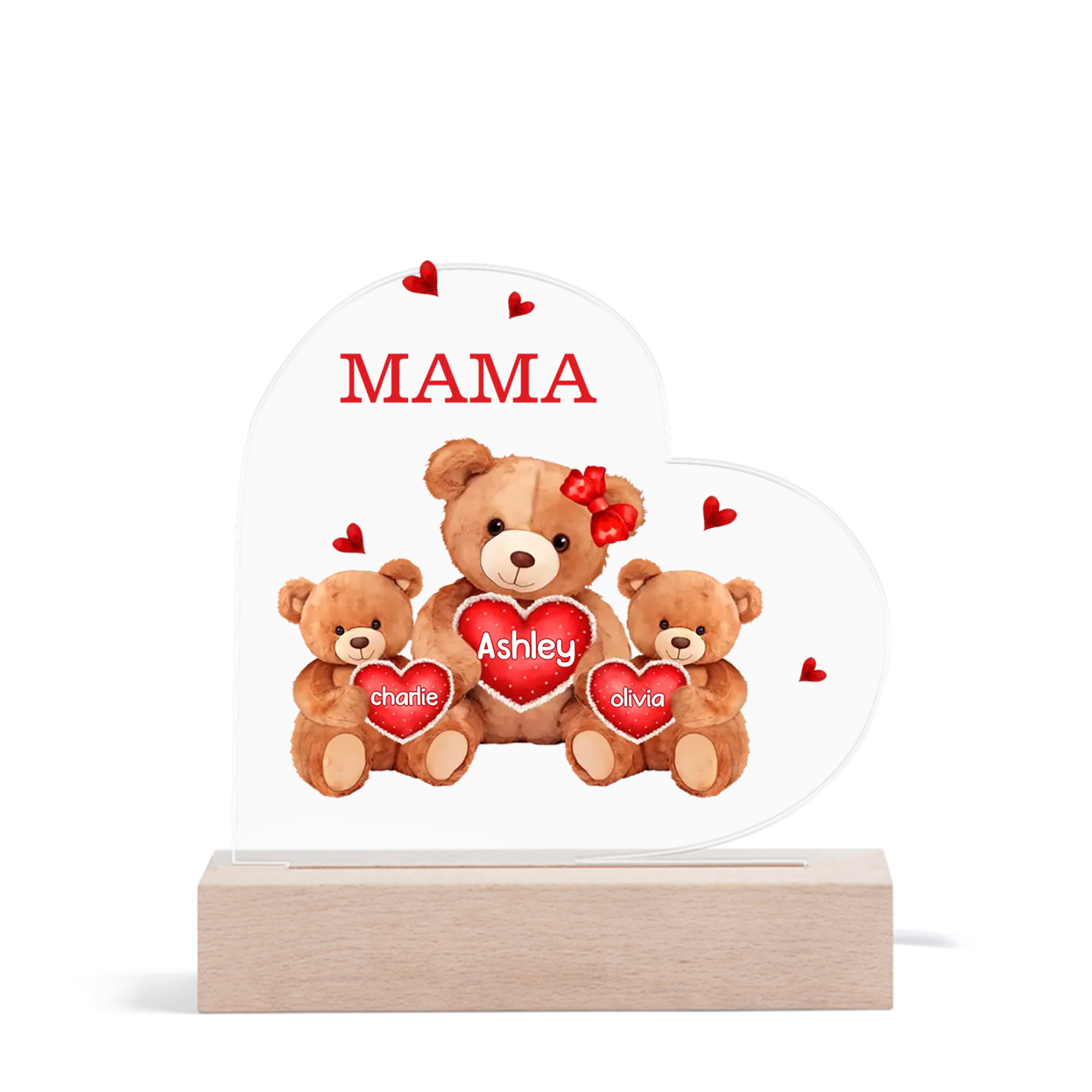 Personalisierte 3 Namen & Text Herz Bären-Familien Acryl Nachtlicht – Perfektes Geschenk für Mutter Familie