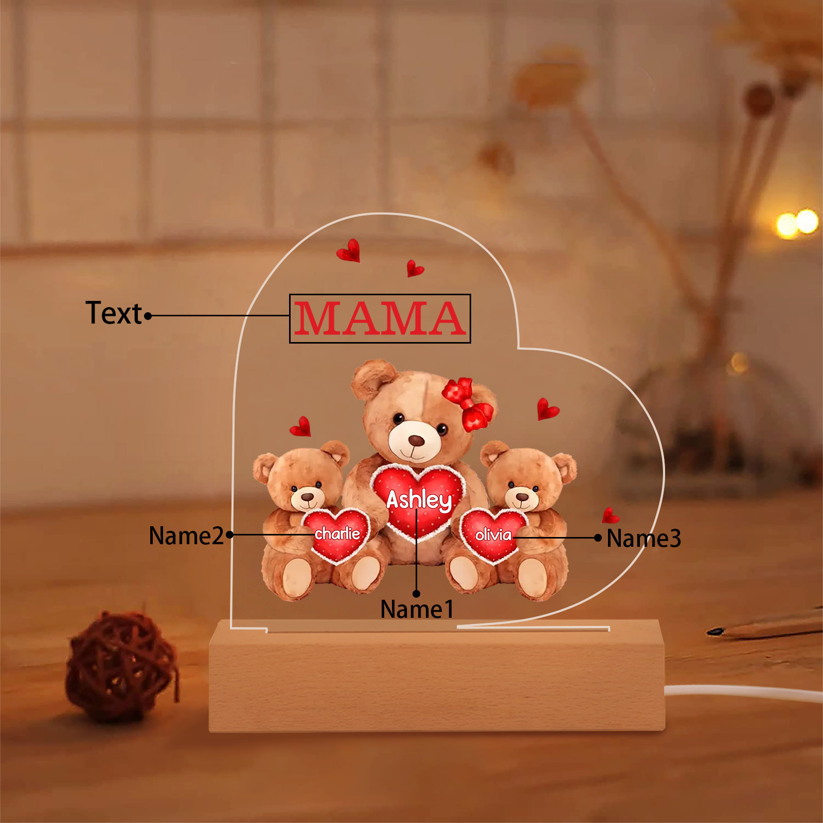 Personalisierte 3 Namen & Text Herz Bären-Familien Acryl Nachtlicht – Perfektes Geschenk für Mutter Familie