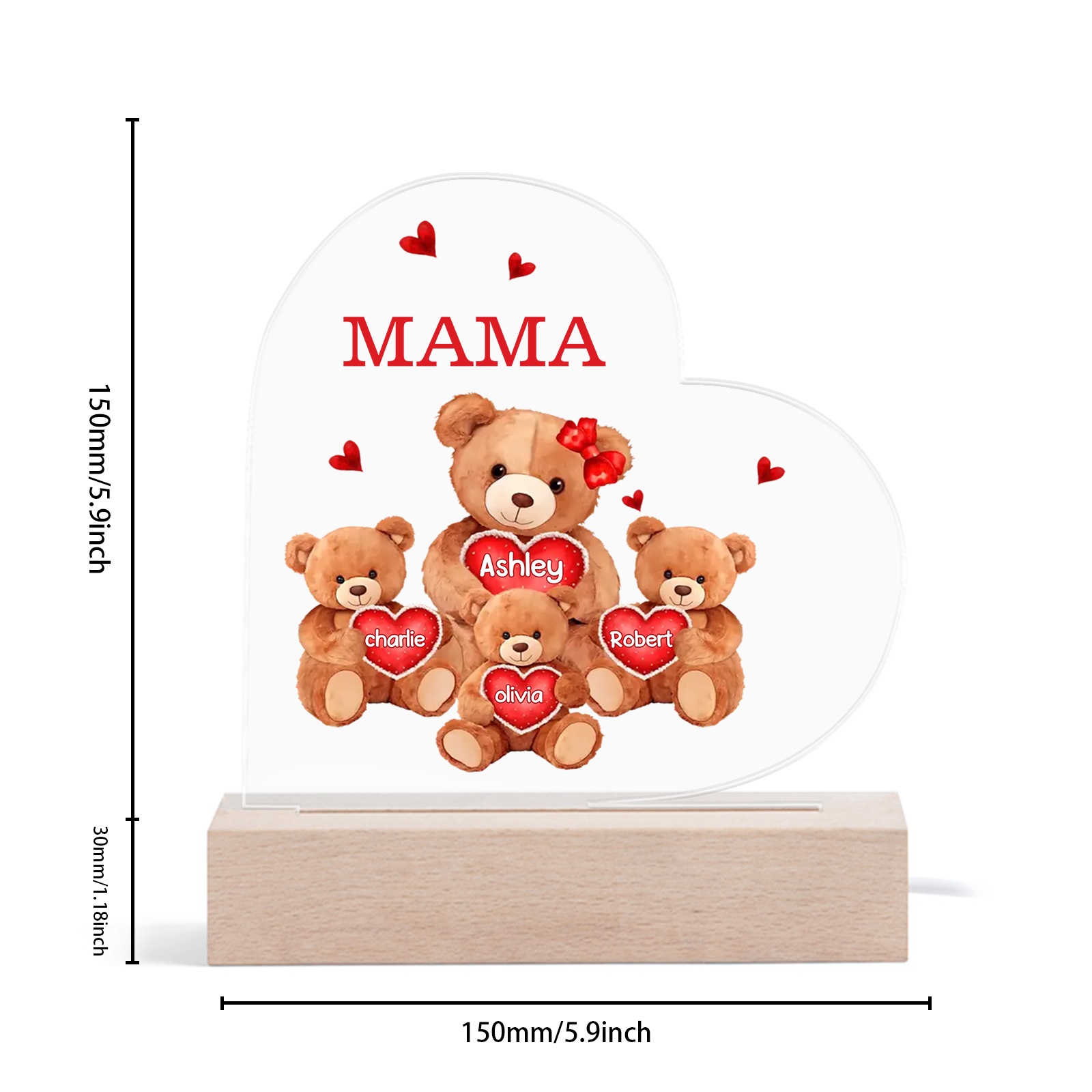 Personalisierte 4 Namen & Text Herz Bären-Familien Acryl Nachtlicht – Perfektes Geschenk für Mutter Familie