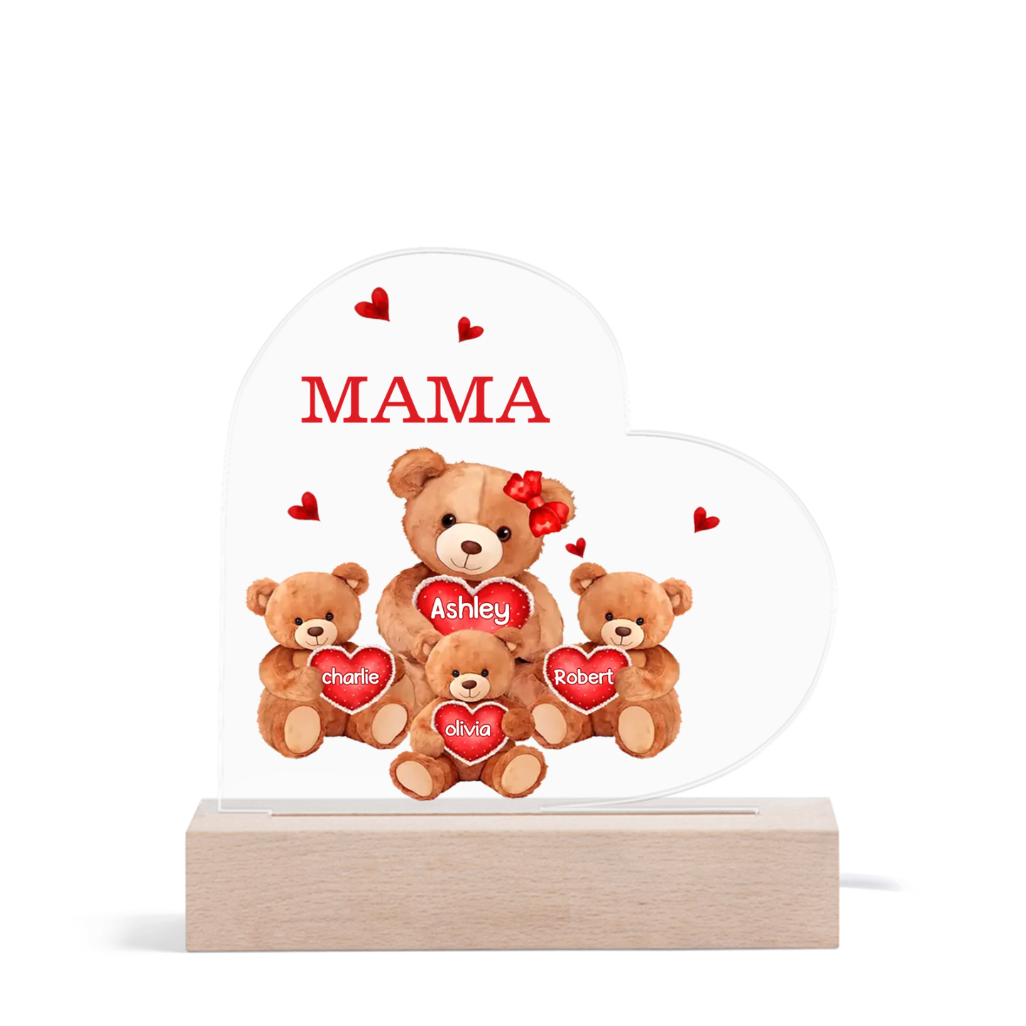 Personalisierte 4 Namen & Text Herz Bären-Familien Acryl Nachtlicht – Perfektes Geschenk für Mutter Familie
