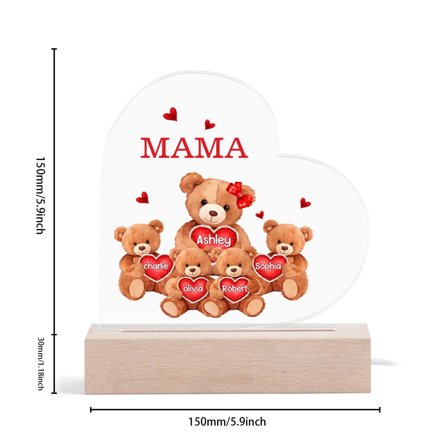 Personalisierte 5 Namen & Text Herz Bären-Familien Acryl Nachtlicht – Perfektes Geschenk für Mutter Familie