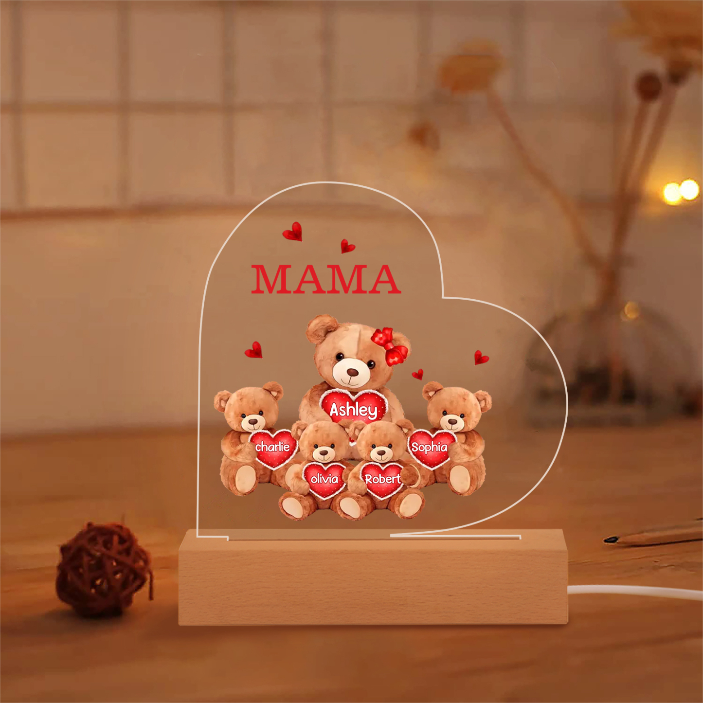 Personalisierte 5 Namen & Text Herz Bären-Familien Acryl Nachtlicht – Perfektes Geschenk für Mutter Familie