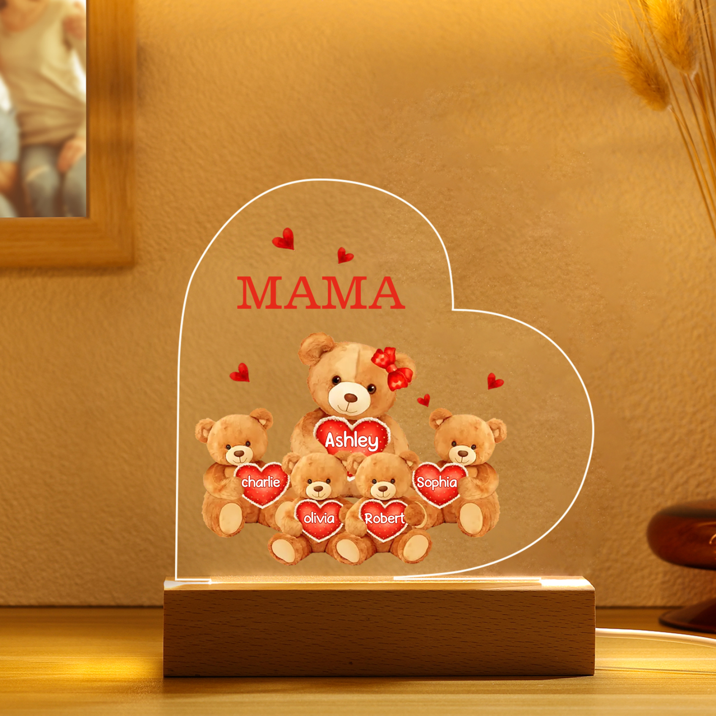 Personalisierte 5 Namen & Text Herz Bären-Familien Acryl Nachtlicht – Perfektes Geschenk für Mutter Familie