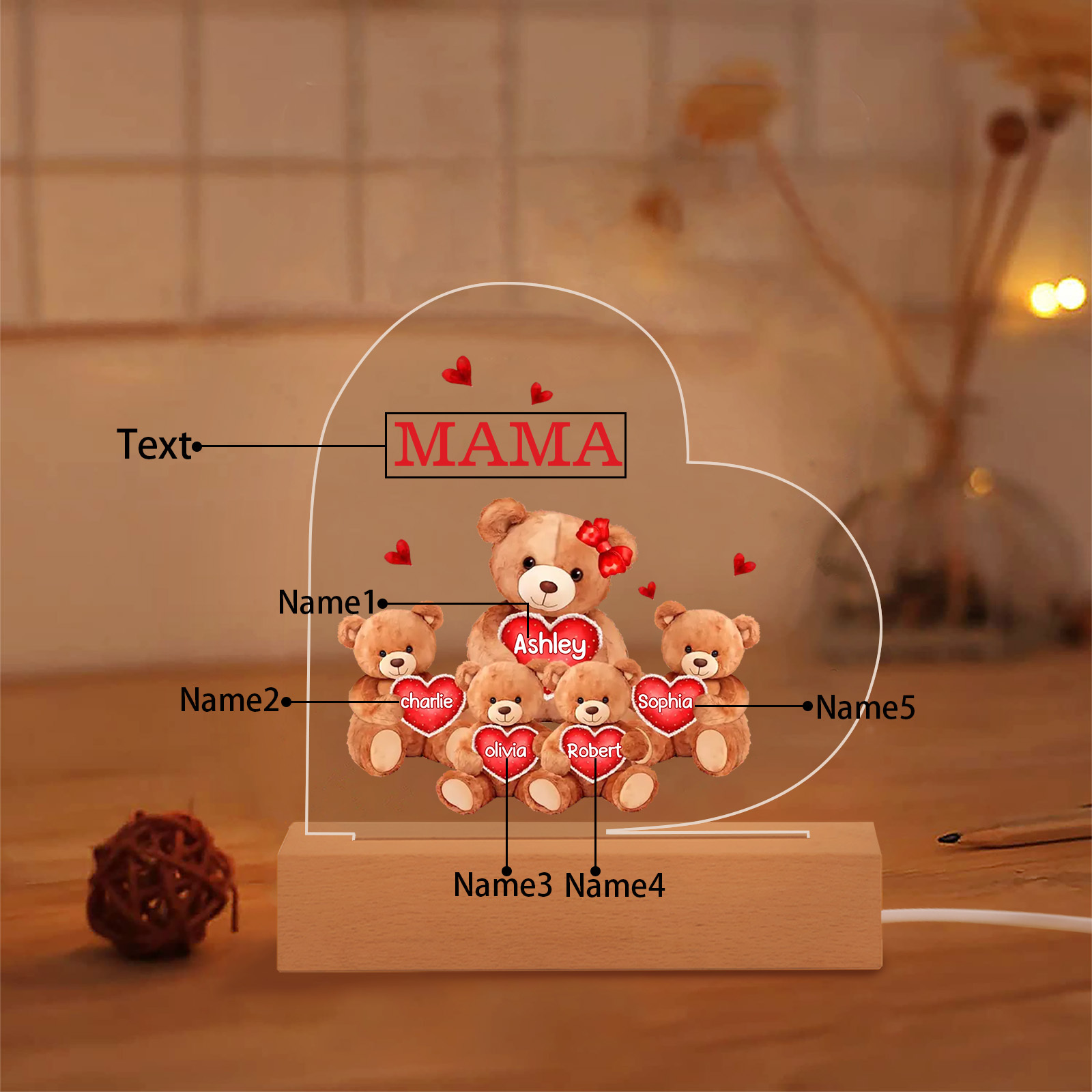 Personalisierte 5 Namen & Text Herz Bären-Familien Acryl Nachtlicht – Perfektes Geschenk für Mutter Familie