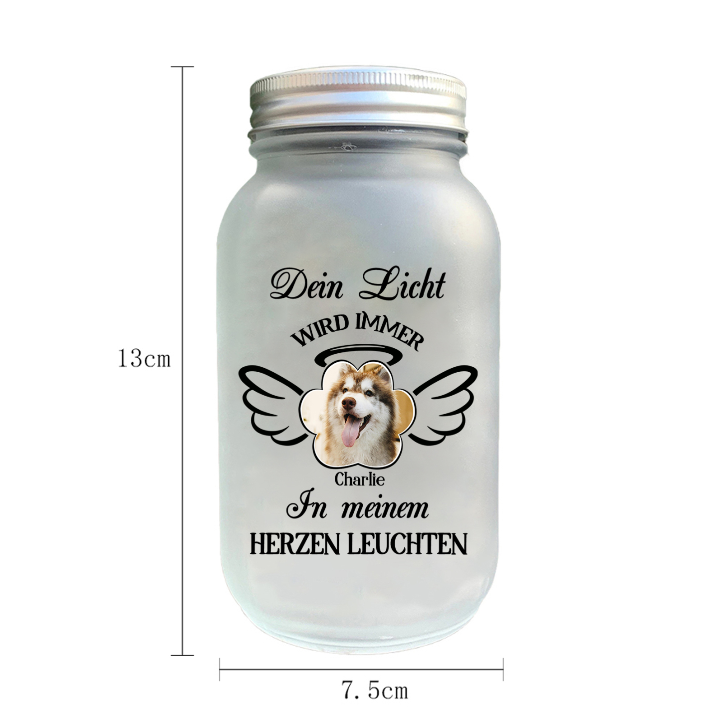 Personalisierter 1 Name & Foto Glasflaschen mit Flügel – Dein Licht wird immer in meinem Herzen leuchten – zum Andenken Haustier