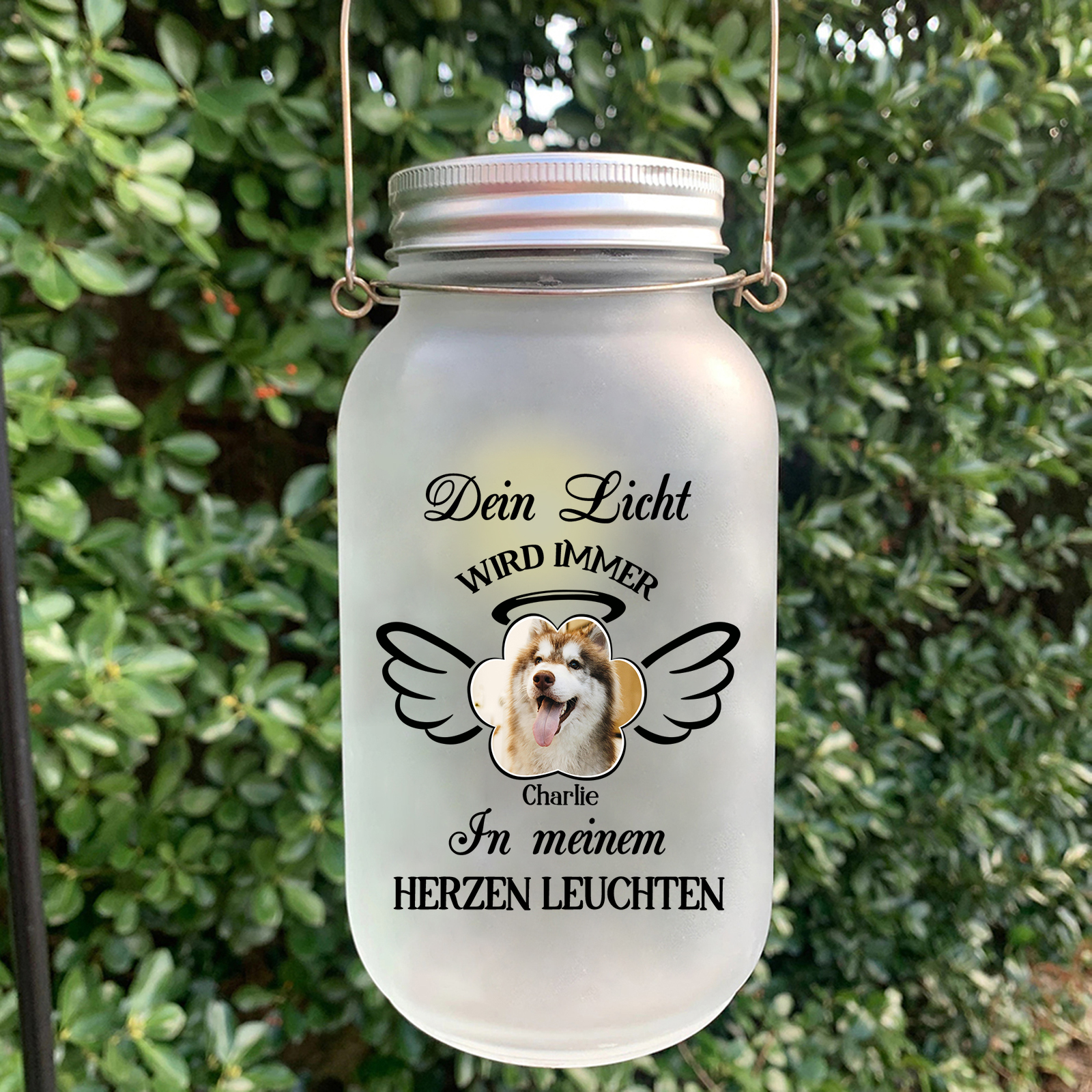 Personalisierter 1 Name & Foto Glasflaschen mit Flügel – Dein Licht wird immer in meinem Herzen leuchten – zum Andenken Haustier