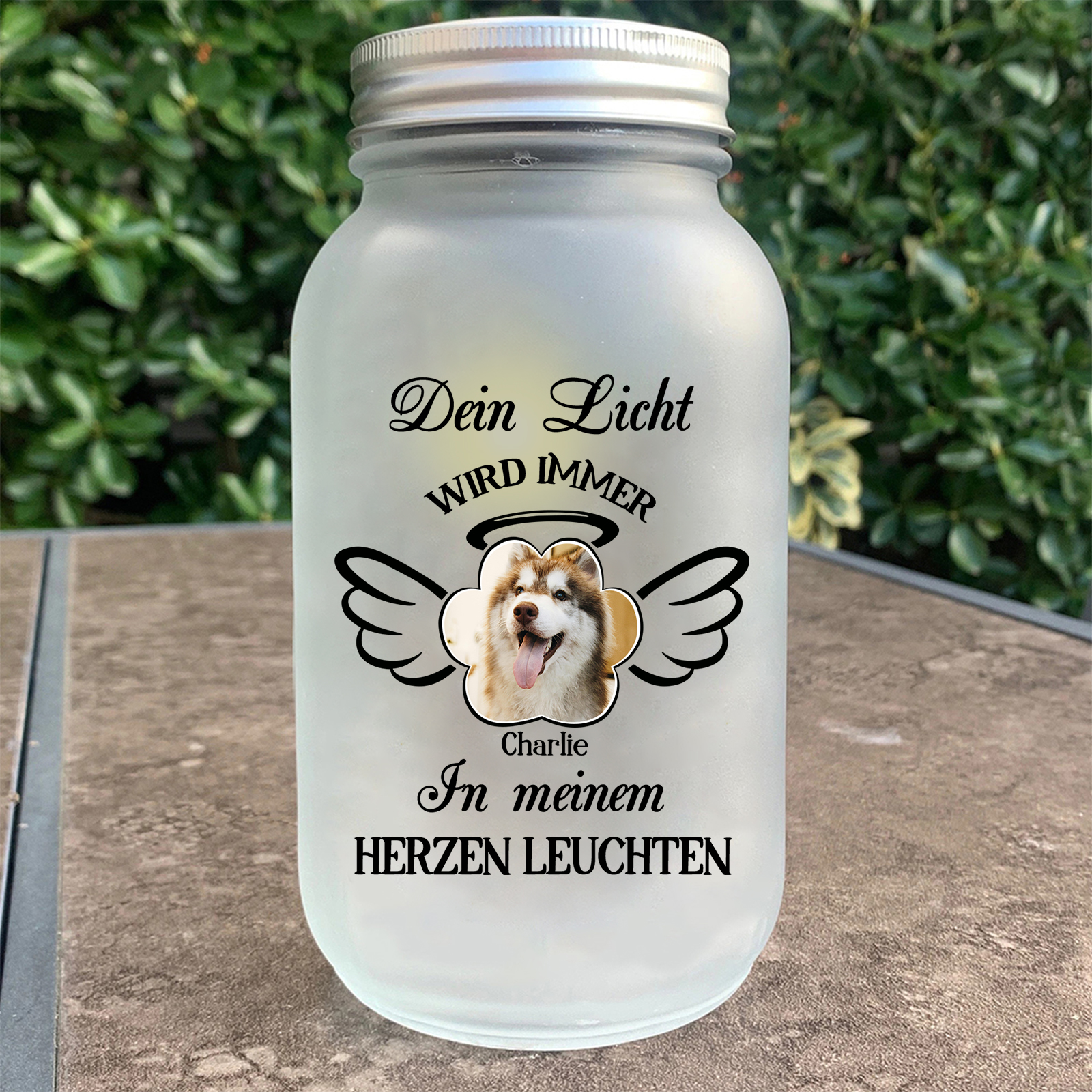 Personalisierter 1 Name & Foto Glasflaschen mit Flügel – Dein Licht wird immer in meinem Herzen leuchten – zum Andenken Haustier