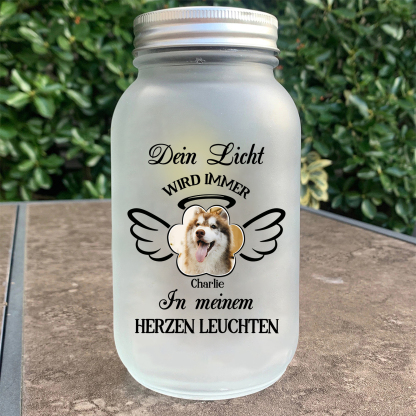 Personalisierter 1 Name & Foto Glasflaschen mit Flügel – Dein Licht wird immer in meinem Herzen leuchten – zum Andenken Haustier