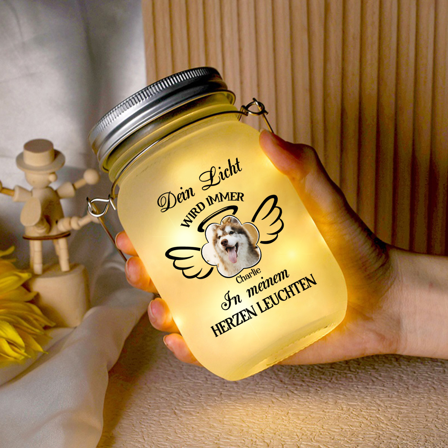 Personalisierter 1 Name & Foto Glasflaschen mit Flügel – Dein Licht wird immer in meinem Herzen leuchten – zum Andenken Haustier