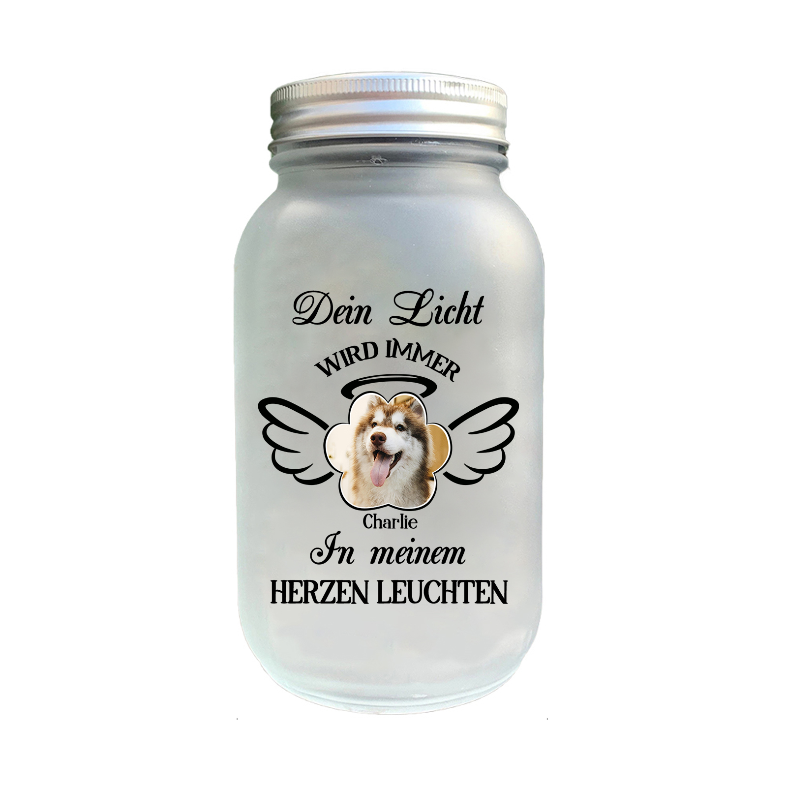 Personalisierter 1 Name & Foto Glasflaschen mit Flügel – Dein Licht wird immer in meinem Herzen leuchten – zum Andenken Haustier