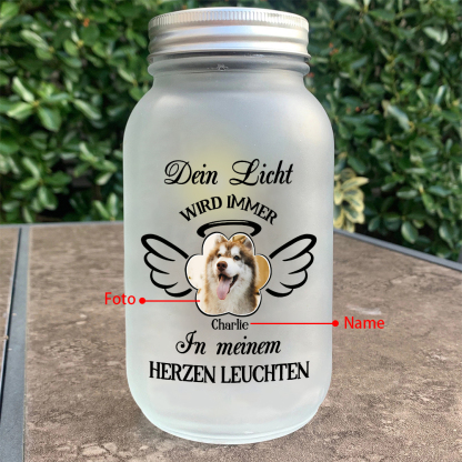 Personalisierter 1 Name & Foto Glasflaschen mit Flügel – Dein Licht wird immer in meinem Herzen leuchten – zum Andenken Haustier