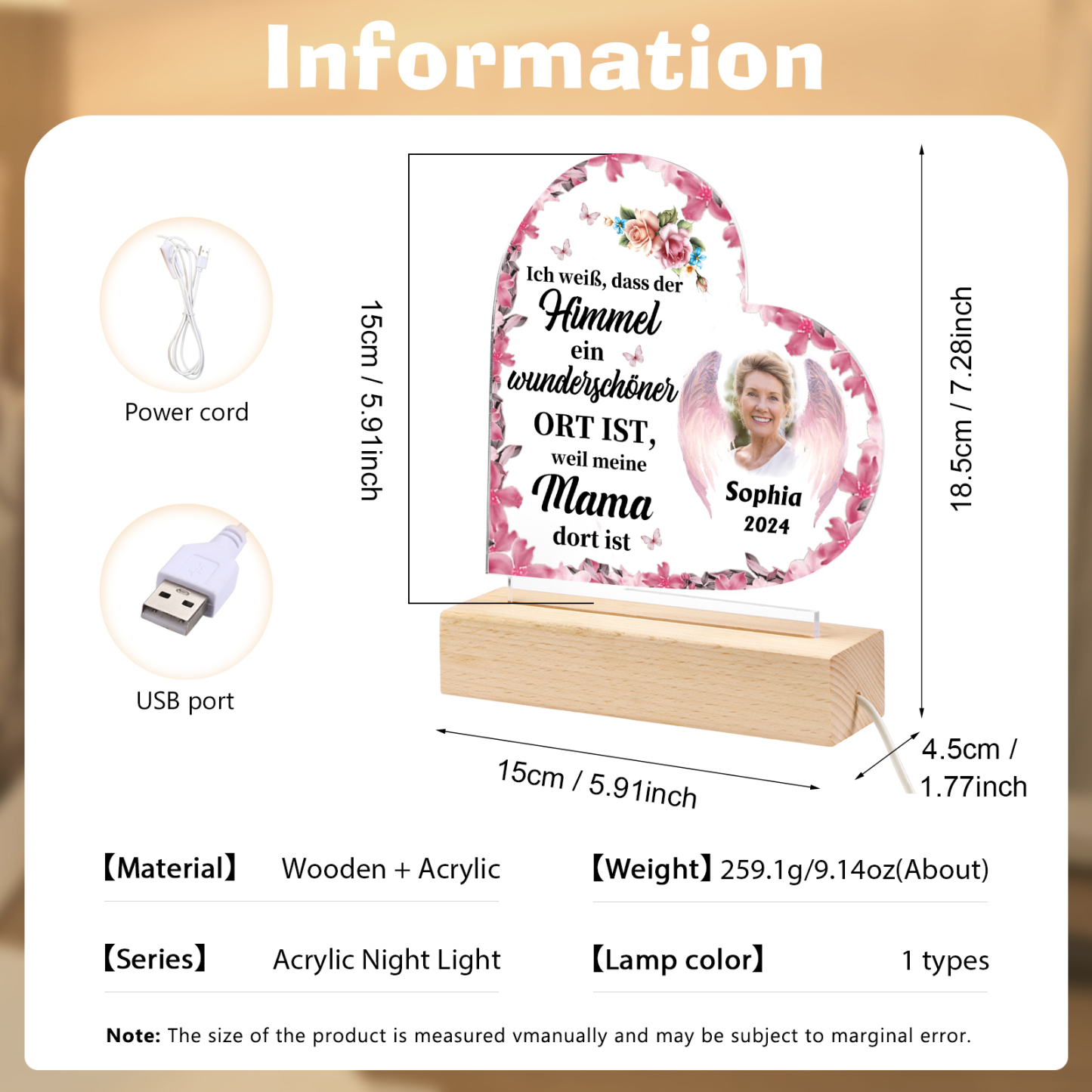 Personalisierter 1 Name & Foto & Jahr LED Herz Acryl-Nachtlicht – Ich weiß, dass der Himmel ein wunderschöner Ort ist, weil meine Mama dort ist – Gedenk-Nachtlampe mit Holzsockel
