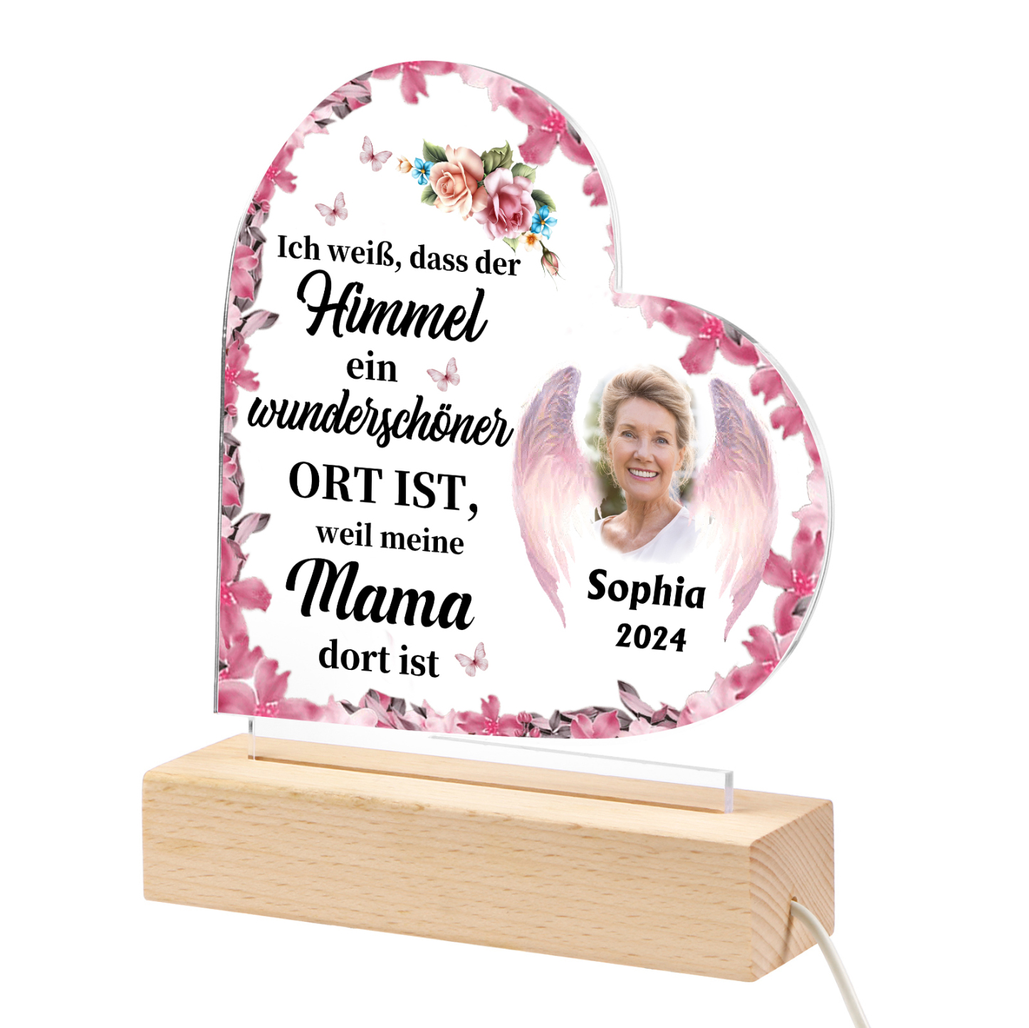 Personalisierter 1 Name & Foto & Jahr LED Herz Acryl-Nachtlicht – Ich weiß, dass der Himmel ein wunderschöner Ort ist, weil meine Mama dort ist – Gedenk-Nachtlampe mit Holzsockel