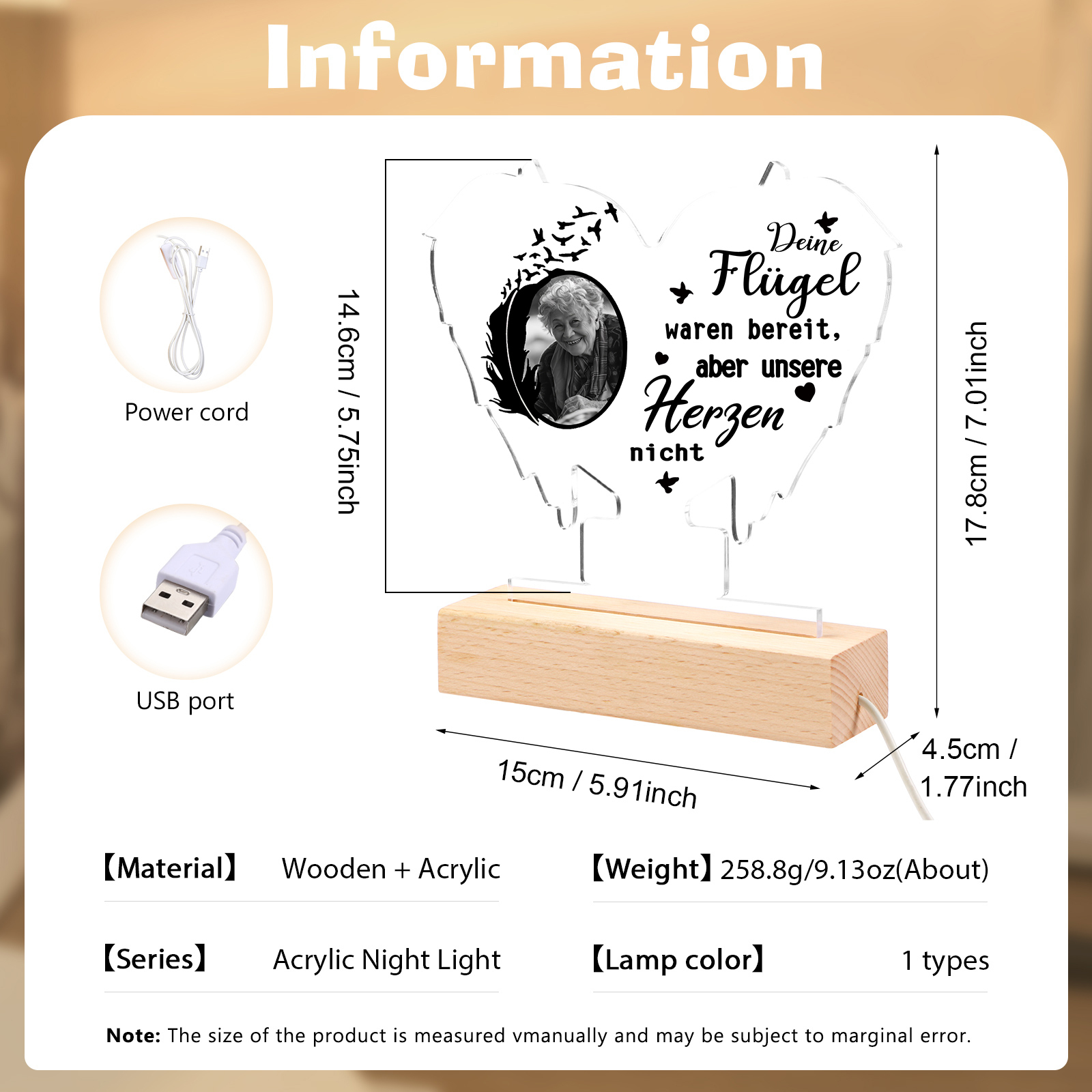 Personalisiertes 1 Foto Gedenk-Acryl-Nachtlampe mit Engelsflügeln – Deine Flügel waren bereit, aber unsere Herzen waren es nicht –LED Nachtlicht 