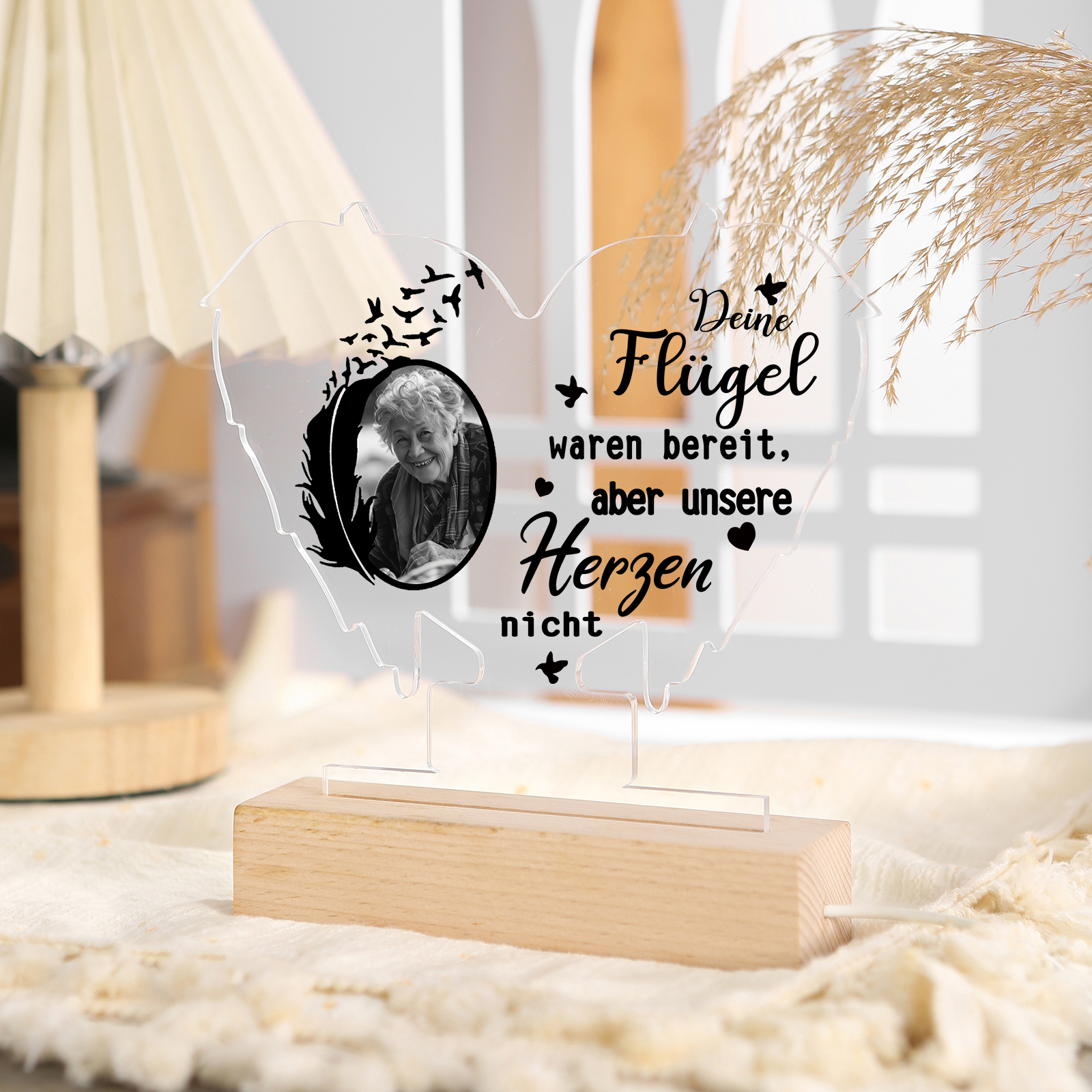 Personalisiertes 1 Foto Gedenk-Acryl-Nachtlampe mit Engelsflügeln – Deine Flügel waren bereit, aber unsere Herzen waren es nicht –LED Nachtlicht 
