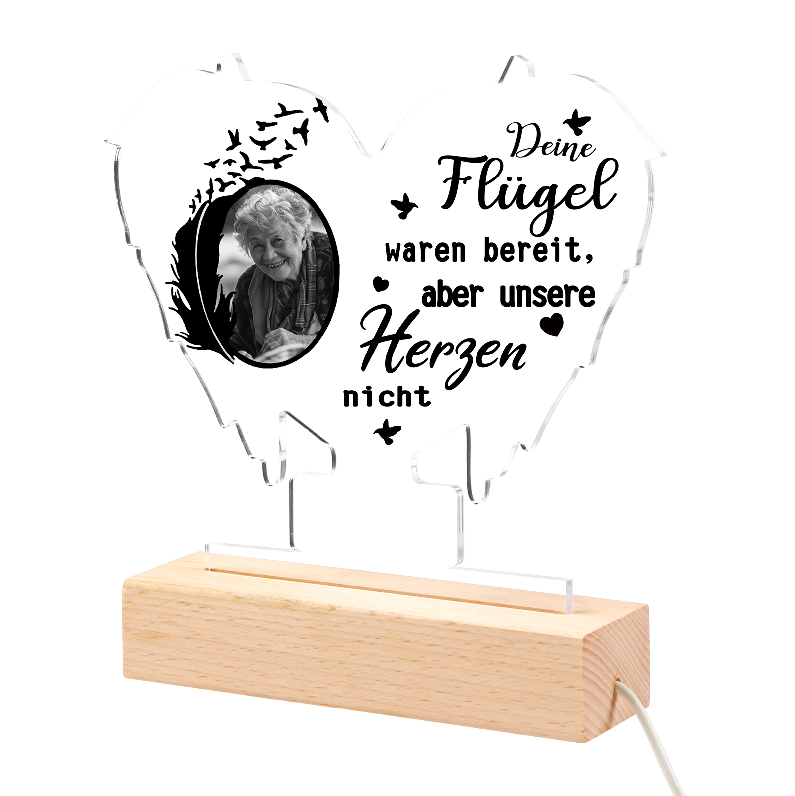 Personalisiertes 1 Foto Gedenk-Acryl-Nachtlampe mit Engelsflügeln – Deine Flügel waren bereit, aber unsere Herzen waren es nicht –LED Nachtlicht 