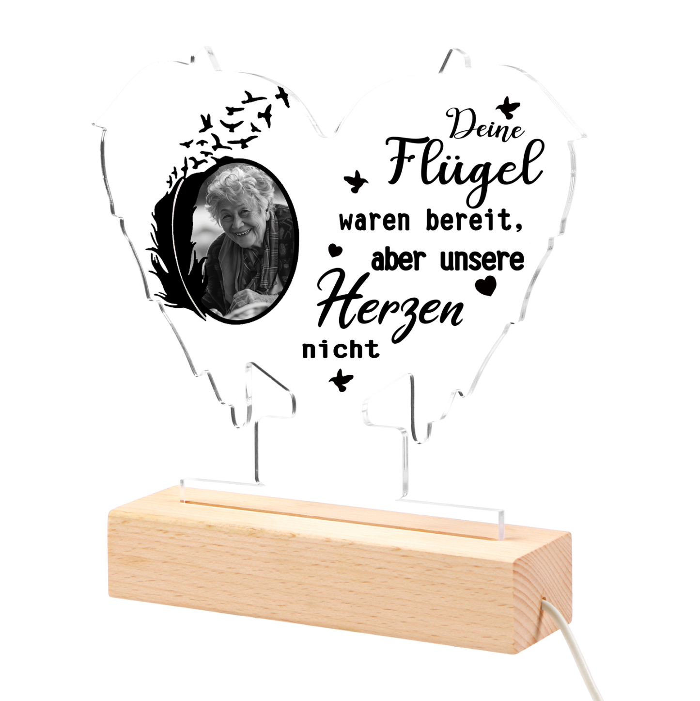 Personalisiertes 1 Foto Gedenk-Acryl-Nachtlampe mit Engelsflügeln – Deine Flügel waren bereit, aber unsere Herzen waren es nicht –LED Nachtlicht