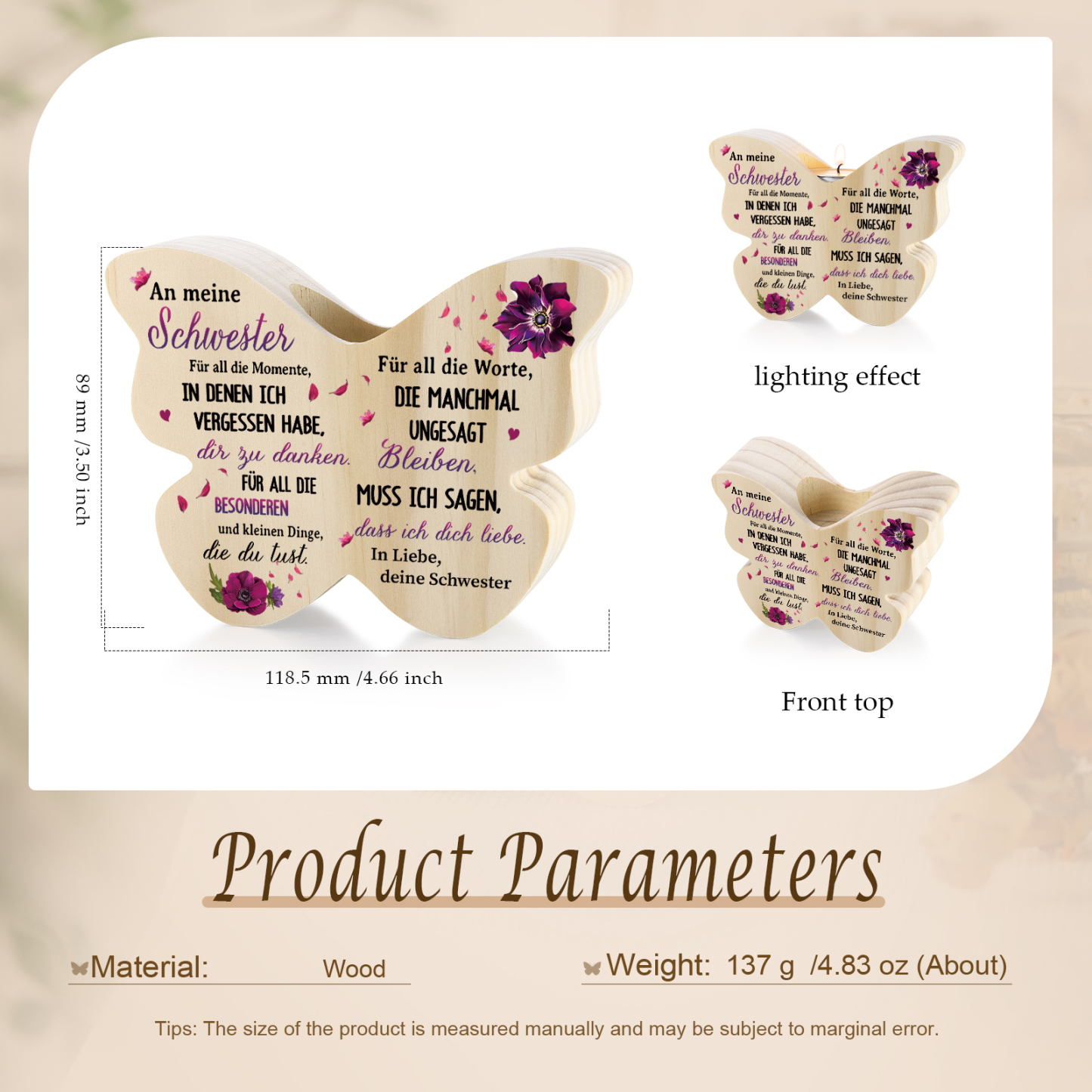 Personalisierter Schmetterlings-Kerzenhalter -An meine Schwester- Holz Kerzenhalter für Schwester