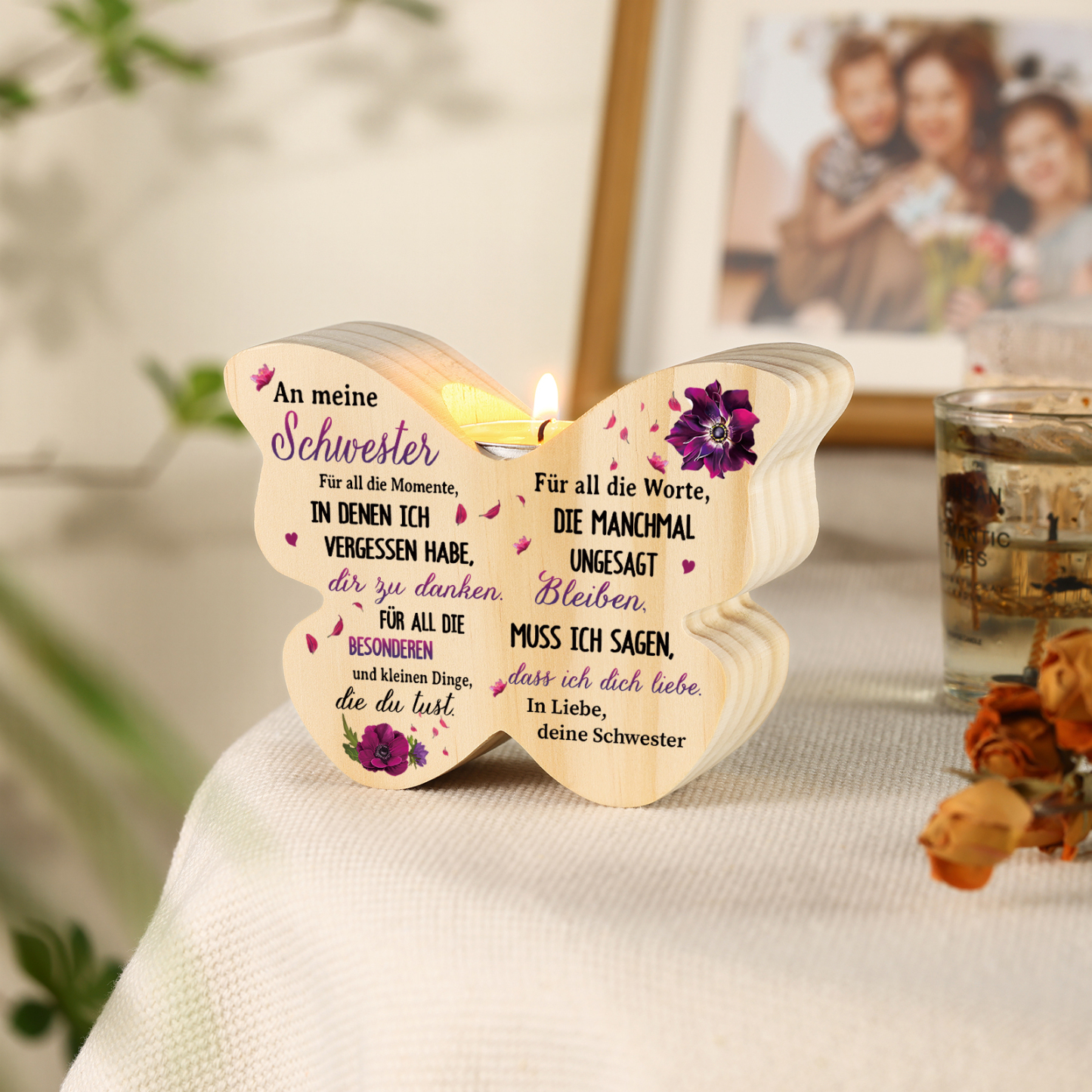 Personalisierter Schmetterlings-Kerzenhalter -An meine Schwester- Holz Kerzenhalter für Schwester