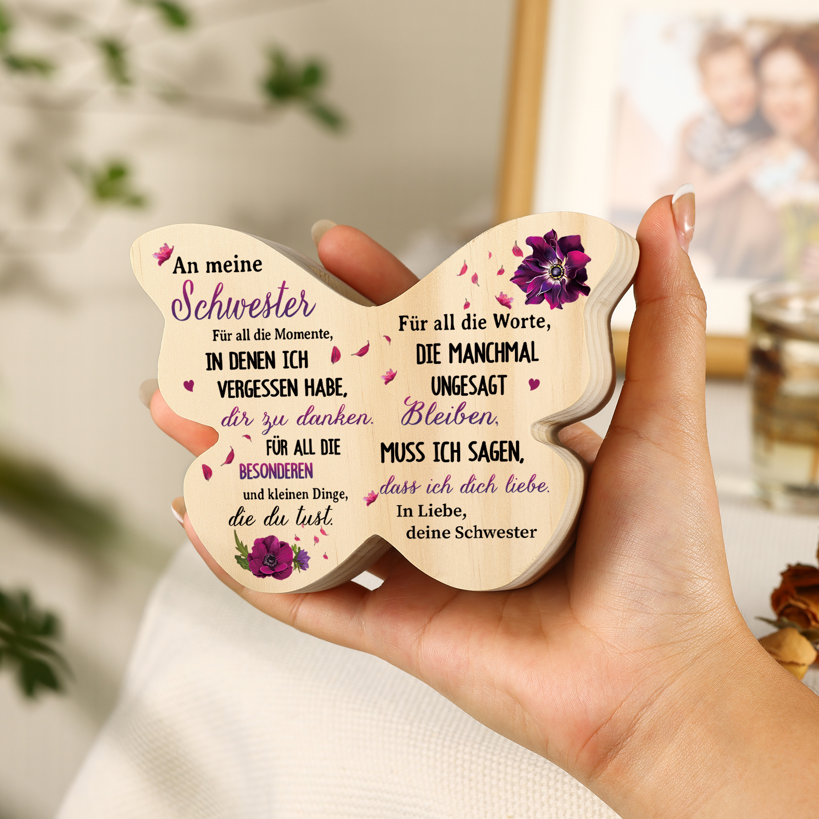 Personalisierter Schmetterlings-Kerzenhalter -An meine Schwester- Holz Kerzenhalter für Schwester