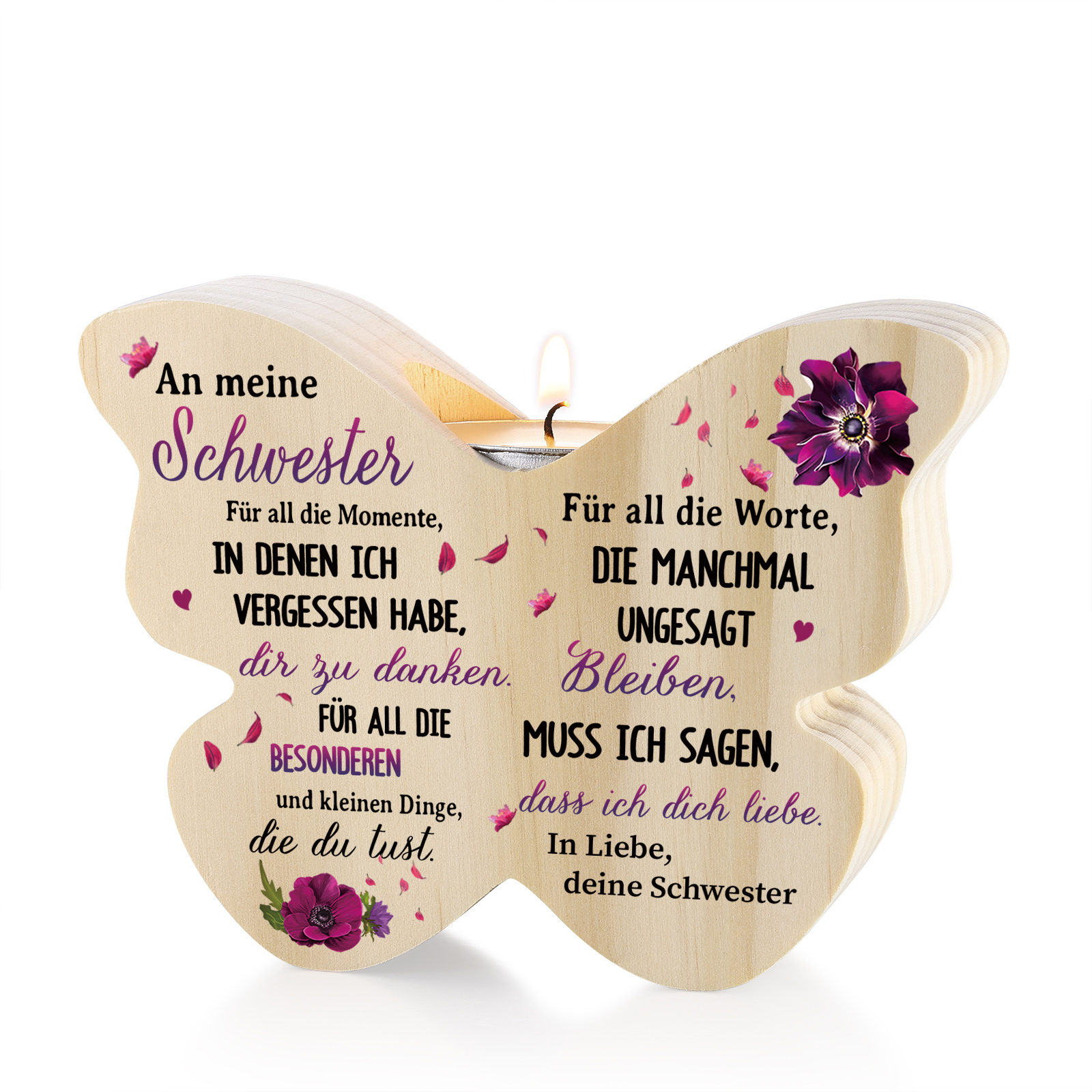 Personalisierter Schmetterlings-Kerzenhalter -An meine Schwester- Holz Kerzenhalter für Schwester