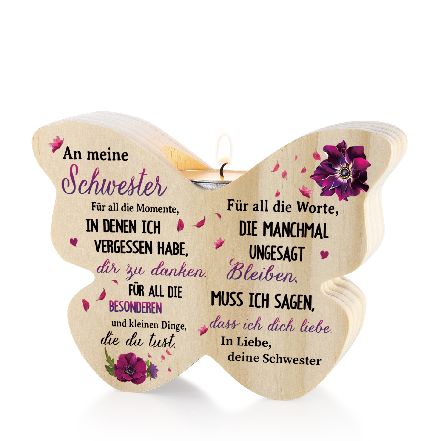 Personalisierter Schmetterlings-Kerzenhalter -An meine Schwester- Holz Kerzenhalter für Schwester