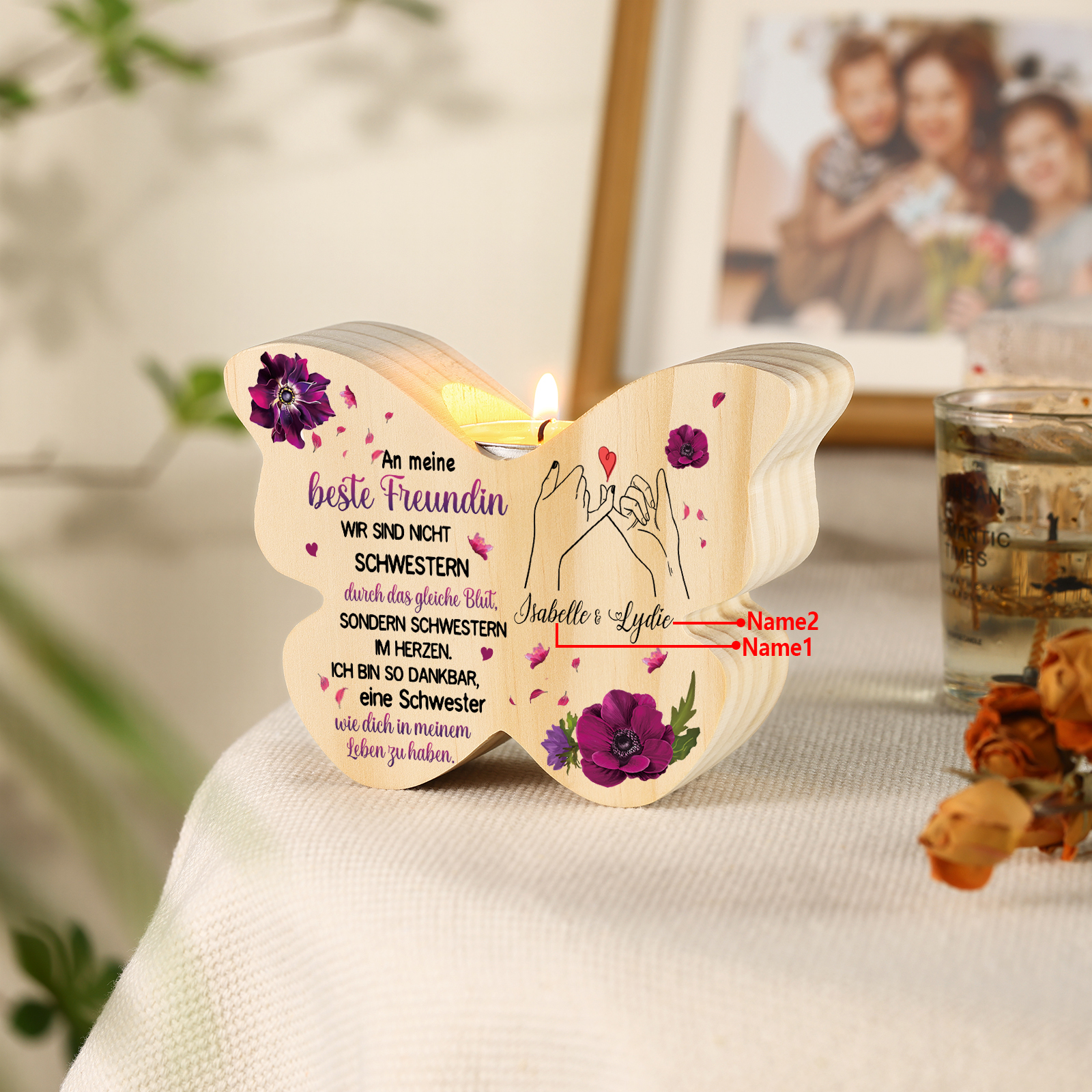 Schmetterlingsförmiger Kerzenhalter-Personalisierte 2 Namen - An meine beste Freundin - Kerzenhalter für beste Freundin