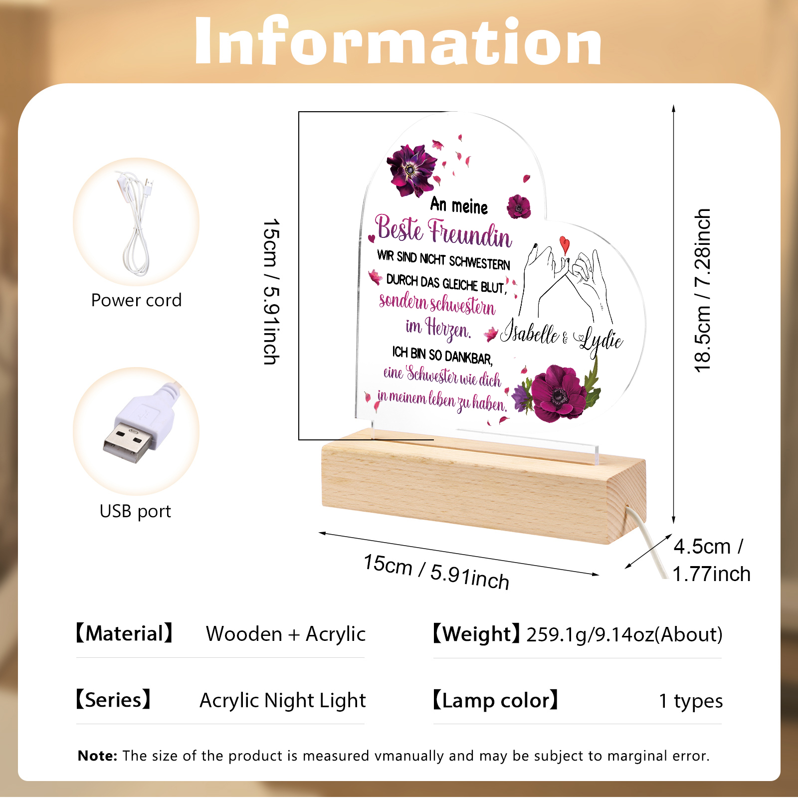 Personalisierte 2 Namen LED Herzfreundschafts-Nachtlicht – An meine Beste Freundin – Acryl-Nachtlampe mit Holzsockel