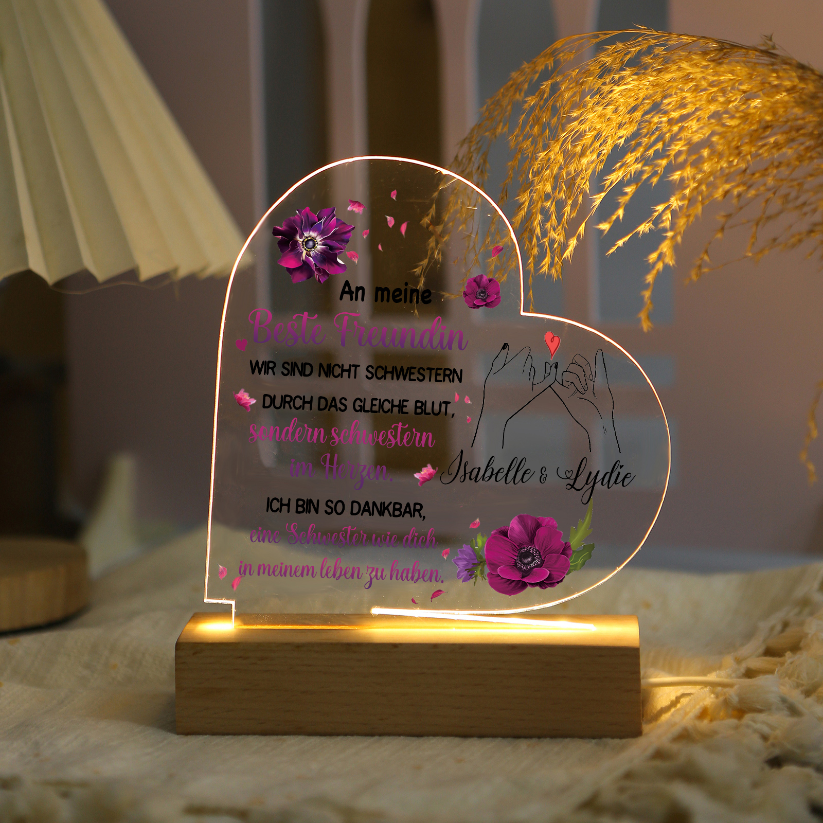 Personalisierte 2 Namen LED Herzfreundschafts-Nachtlicht – An meine Beste Freundin – Acryl-Nachtlampe mit Holzsockel