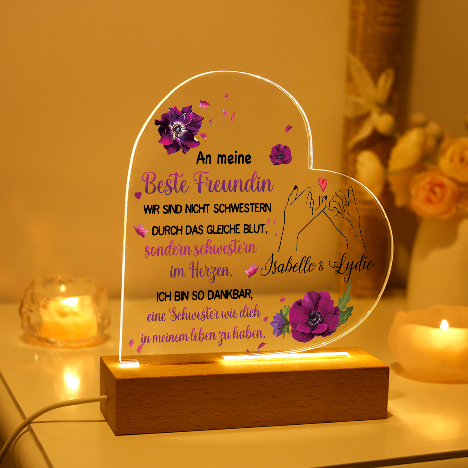 Personalisierte 2 Namen LED Herzfreundschafts-Nachtlicht – An meine Beste Freundin – Acryl-Nachtlampe mit Holzsockel