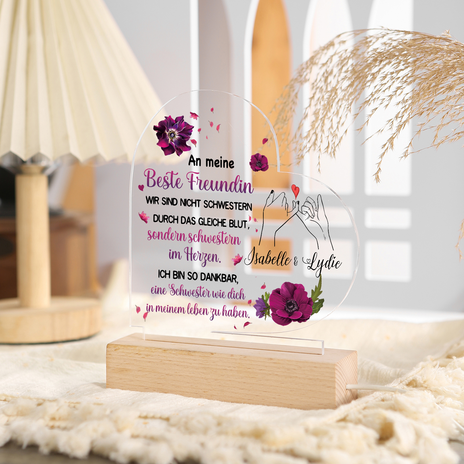 Personalisierte 2 Namen LED Herzfreundschafts-Nachtlicht – An meine Beste Freundin – Acryl-Nachtlampe mit Holzsockel