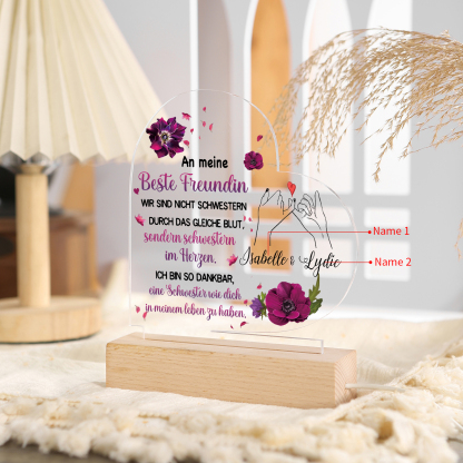 Personalisierte 2 Namen LED Herzfreundschafts-Nachtlicht – An meine Beste Freundin – Acryl-Nachtlampe mit Holzsockel