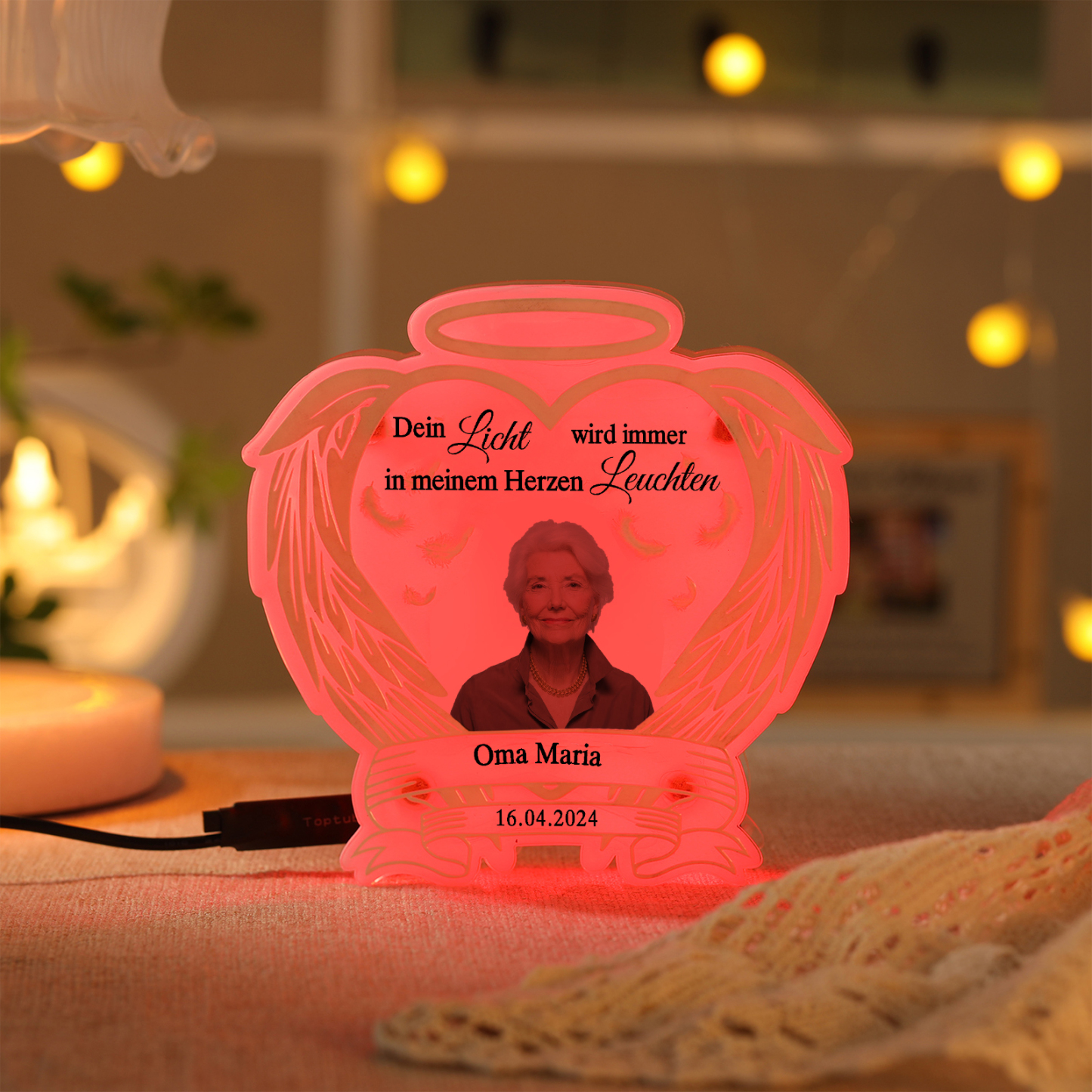 Personalisierter 1 Name & Foto & Datum Acryl Gedenk-Nachtlicht mit 16 Farben – Dein Licht wird immer in meinem Herzen leuchten – Ein Licht der Erinnerung
