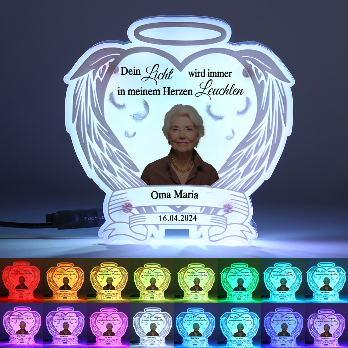 Personalisierter 1 Name & Foto & Datum Acryl Gedenk-Nachtlicht mit 16 Farben – Dein Licht wird immer in meinem Herzen leuchten – Ein Licht der Erinnerung