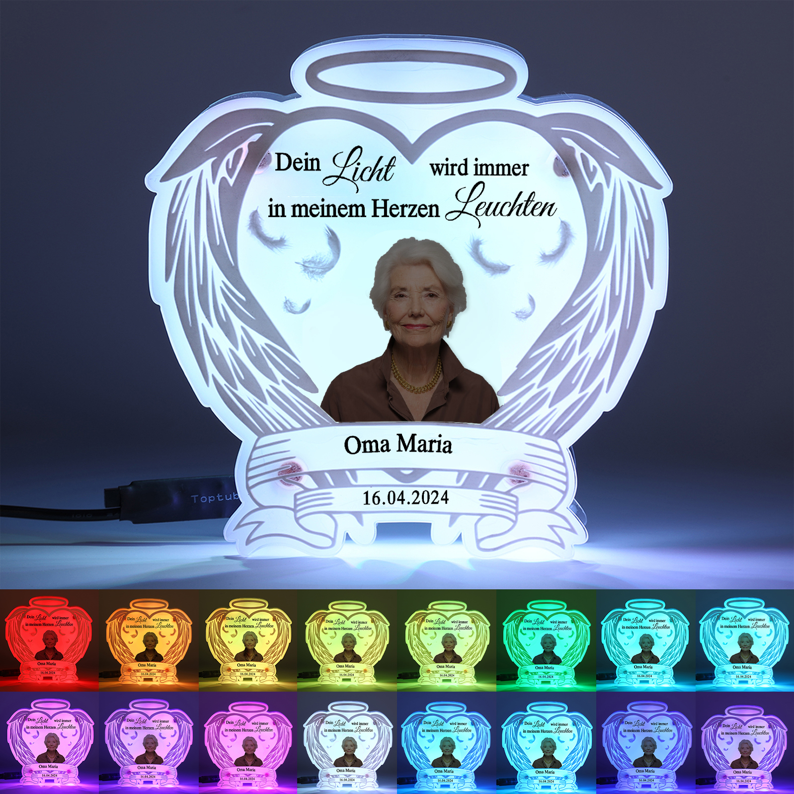 Personalisierter 1 Name & Foto & Datum Acryl Gedenk-Nachtlicht mit 16 Farben – Dein Licht wird immer in meinem Herzen leuchten – Ein Licht der Erinnerung
